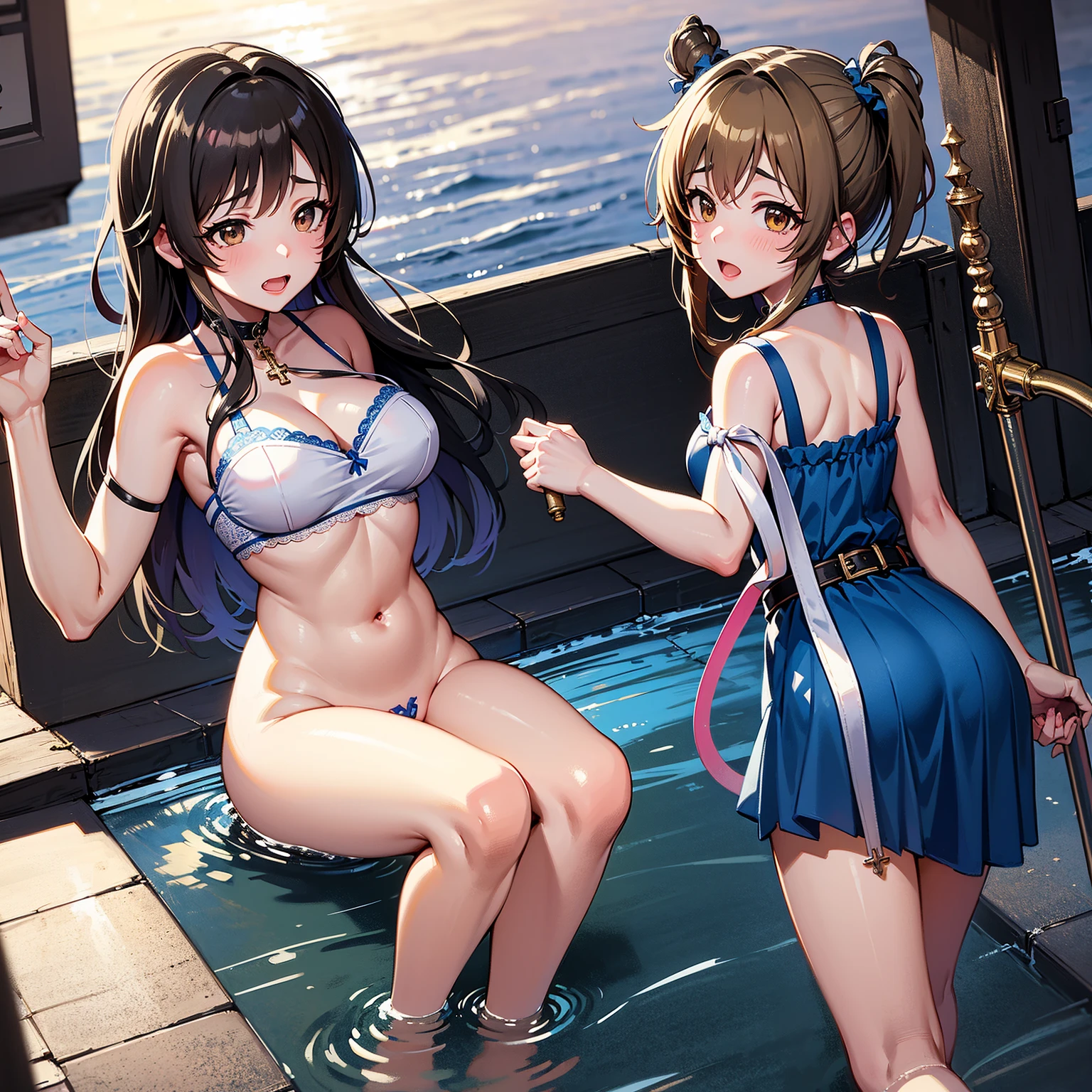 nswf:1.3,((masterpiece, highest quality, High resolution, 超High resolution, Pixel Perfect, Written boundary depth, 4k, RTX, human development report))), , beauty、View the whole body、((((looking up at viewer)))), (masterpiece: 1.2, highest quality, masterpiece, Clearer images), (Bright colors), ((Take clear photos even from a distance)), (Multiple Girls), (Harem), (School classmates), (((All school uniforms have the same design))), (((Everyone is wearing the same navy blue skirt))), (((Everyone is wearing a swimsuit of a different color and design.))),((16 years old)), ((prostitution婦)), (On the beach in Okinawa), (smile)、((youth))，(((Flirting)))，(cute Japanese((6 girls))), (((infant&#39;Face))), ((Group shot)), (((Group selfie))), ((ass visible through thighs))、Wide-angle, Soft Light、(((Blazer uniform, Checkered pleated skirt，White Shirt)))、(Slightly larger breasts), ((prostitution)), ((viewers love it)), Landscape、(((show panty:1.6)))、((breast grab:1.3)),(((bra lift:1.2)))、 ((Green Eyes, Beautiful eyelashes, Realistic eyes)), ((Detailed face, blush:1.2)), ((Smooth texture:0.75, Vibrant质感:0.65, Vibrant:1.1, Anime CG Style)), Medium breast, Perfect body, Beautiful curves、beautiful legs、thin、smile, (((Attractive way to stand))),((Model pose)), Aerith Gainsborough, Hair Ribbon, bracelet, brown hair, Side Lock, Parted bangs, Green Eyes, Braid, ((()Award-winning design underwear))、(((Everyone wears different colors and designs of underwear.)))，show panty、((((open legs:1.4)))、((breast grab:1.3)),(((bra lift:1.2)))、Detailed depiction of the crotch、(water droplets:1.2)、(Stand with your feet apart), ((((Are standing)))), (Her legs were spread), (Made to stand with legs apart..) ,((Attractive way to stand))，(((Uplifting)))、(water droplets:1.2)、(Rising Wind:1.5)，please stand facing me、 thin脚, ((one eye closed))、((((selfie))))、((Hair fluttering in the wind))，((Hold your hair in your hands))，((arm behind head)),(((leaning forward)))、((((Flirting))))，Inner thighs