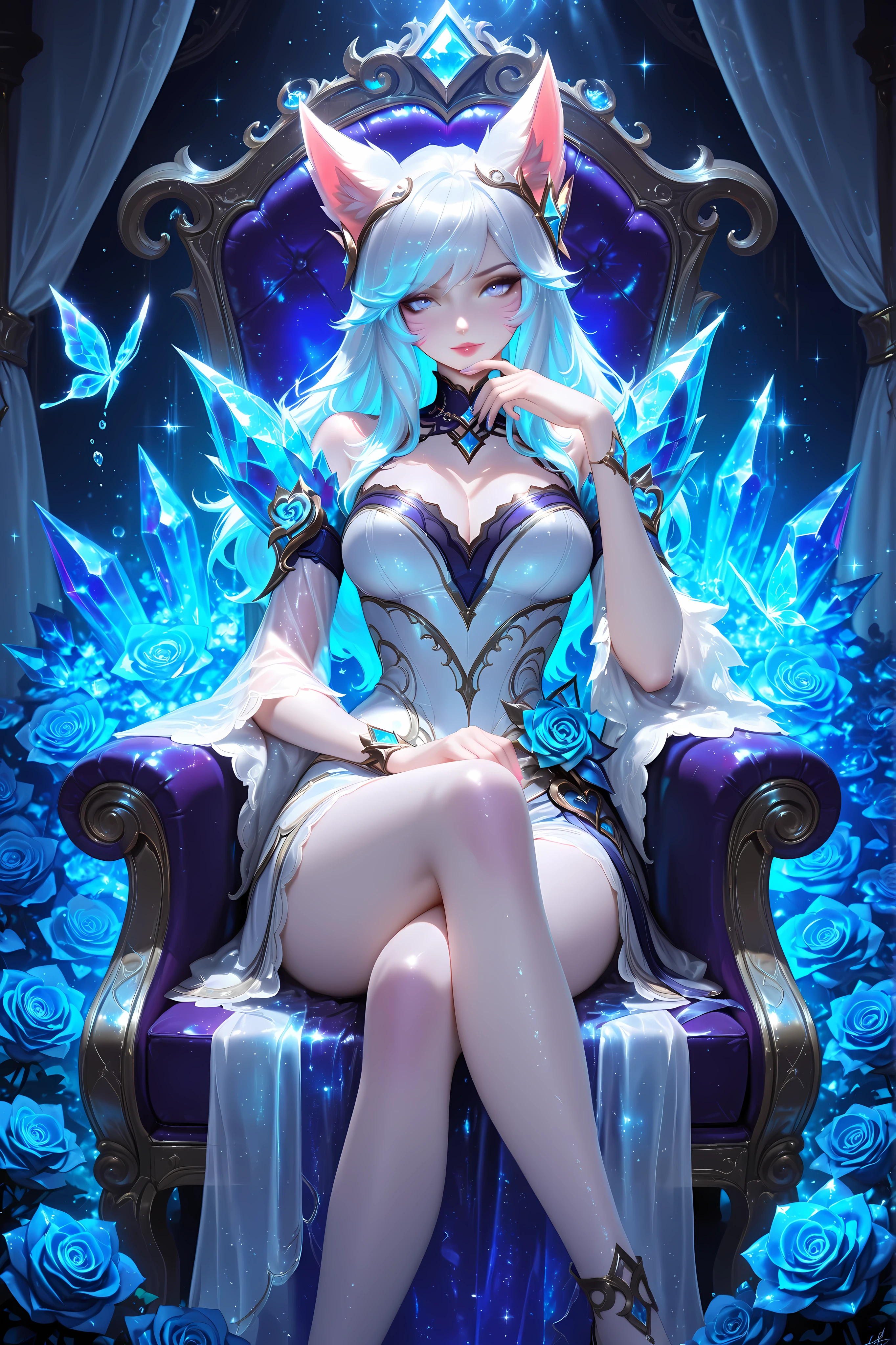 ((masterpiece, highest quality)), detailed face, full body esbian, Full of details, Multiple poses and expressions, very detailed, depth, many partagic Taoist,Holds a crystal wand,fantasy style,Very beautiful and mysterious,fantasy,rainbow colors，high balance, Natural light, black lace，black laceパンスト，starry sky,star decoration,white hair,Pink Lip,White light coat,sit on a chaise longue