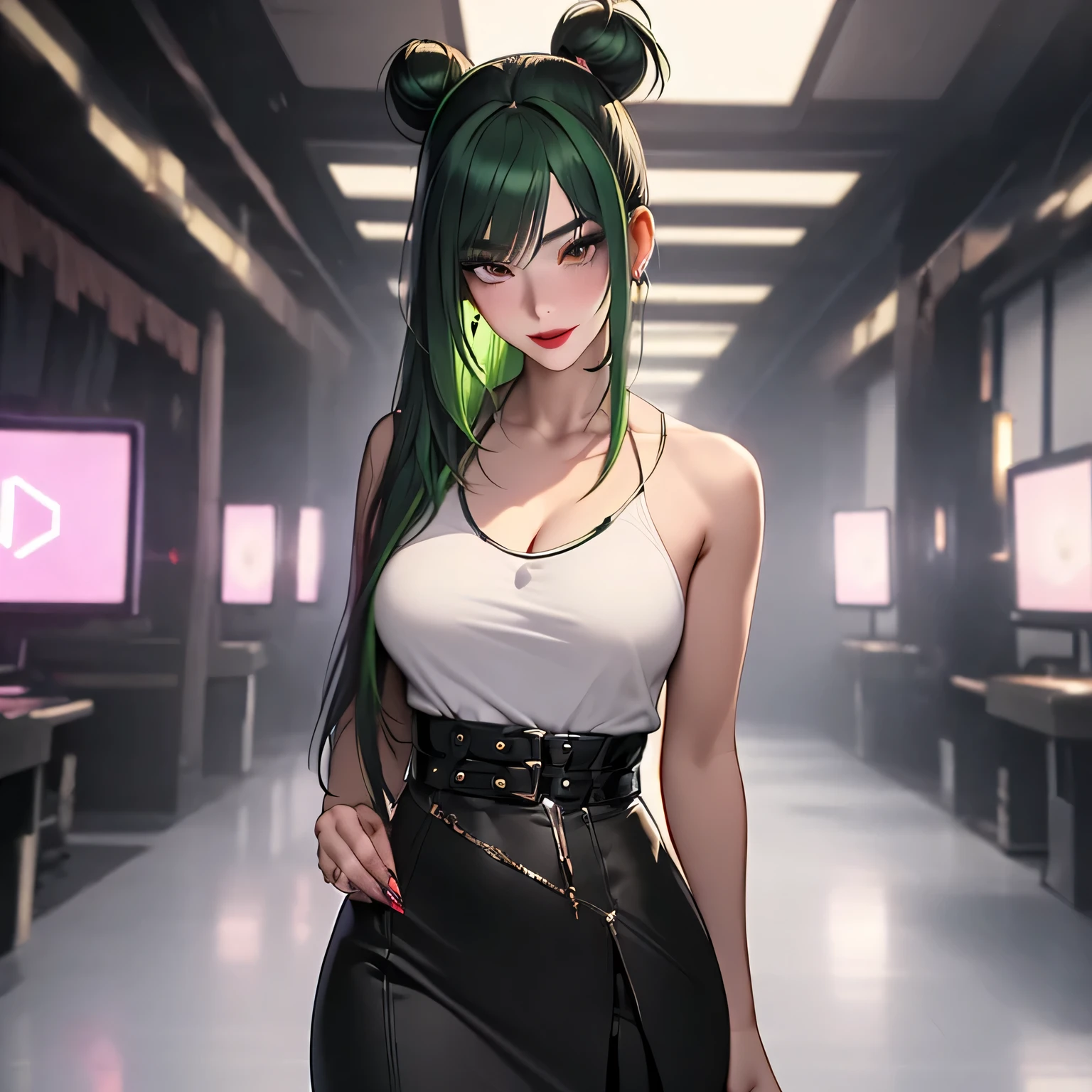 One woman, 22 years old mature alluring japanese gal, alluring face, bad girl look, cool girl, confident smile, Japanese gal, wearing gothic punk top with A-line skirt, black stockings, flat chested, (slender petite body), ((space bun hair with green extensions and full set of bangs)), (Her makeup is bold and edgy—dark eyeliner, defined lashes, and a subtle blush),winged eyeliner, pretty almond eyes, pretty, puffy beautiful big lips, heart and cupid shaped lip, beautiful skin, piel blanca, dots on her face, slender body, looking at the camera, autophoto, double eyelid, alluring face, (standing up position), straight soft and gently arched with a slight downward tail eye brows, studio quality, 8k resolution, high quality, Masterpiece, High definition, Ultra-detailed, extremely detailed CG unity 8k wallpaper, intricate details, white background