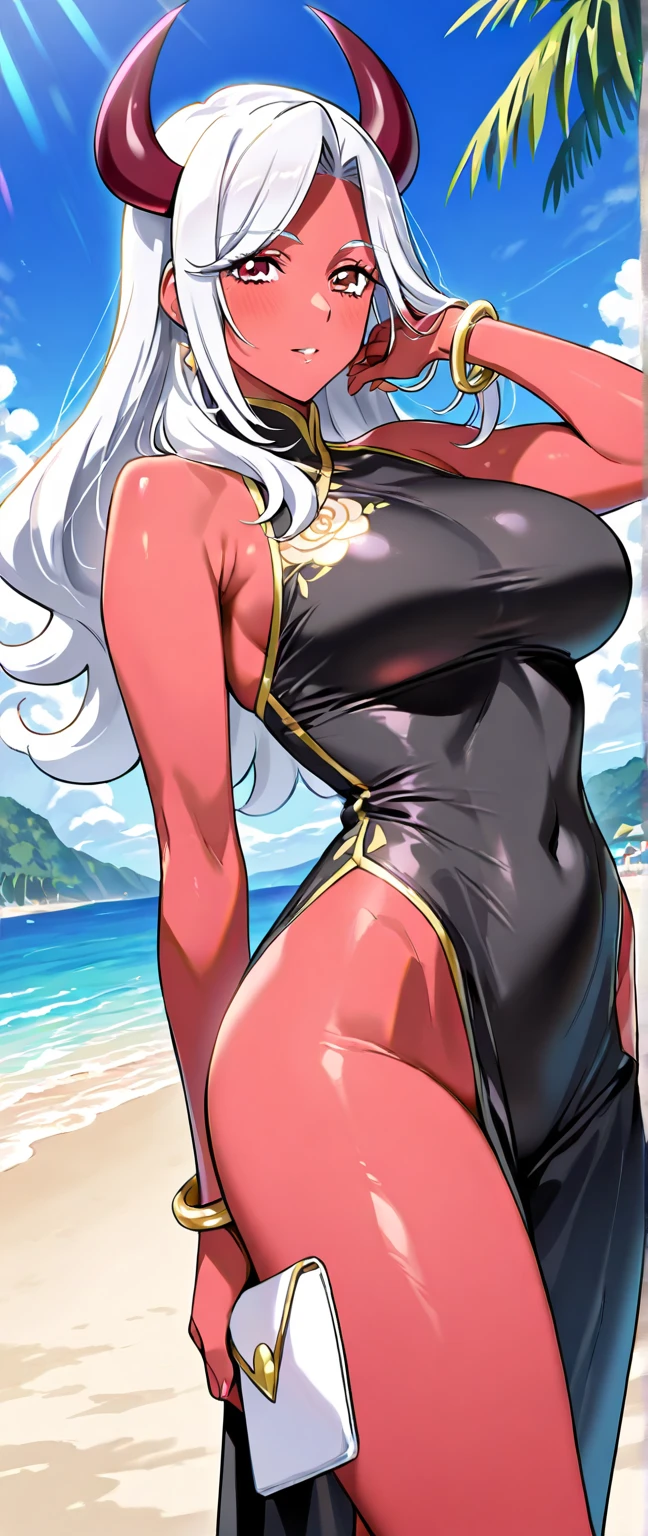 1 girl, milf, Red eyes, long hair, black choker, lipstick, smile, white hair, medium breast, cowboy shot , wheatskin, bikini, belly, forehead, thicc legs, beach background, armpits, arms up