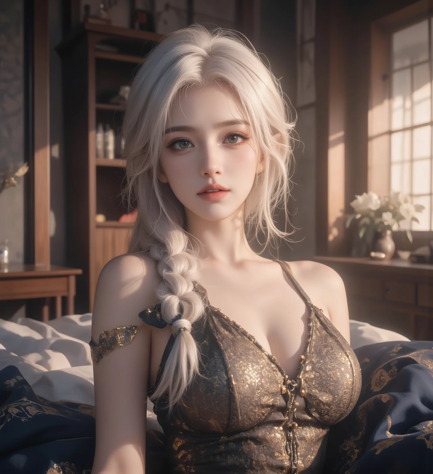 a beautiful detailed girl, rhaenyra, lying on a bed, naked, as a slave, extremely detailed eyes and face, longeyelashes, detailed skin, porcelain skin, delicate features, vulnerable expression, ornate bed, luxurious bedsheets, dim lighting, dramatic shadows, cinematic composition, moody atmosphere, painterly style, dark colors, muted tones, chiaroscuro lighting