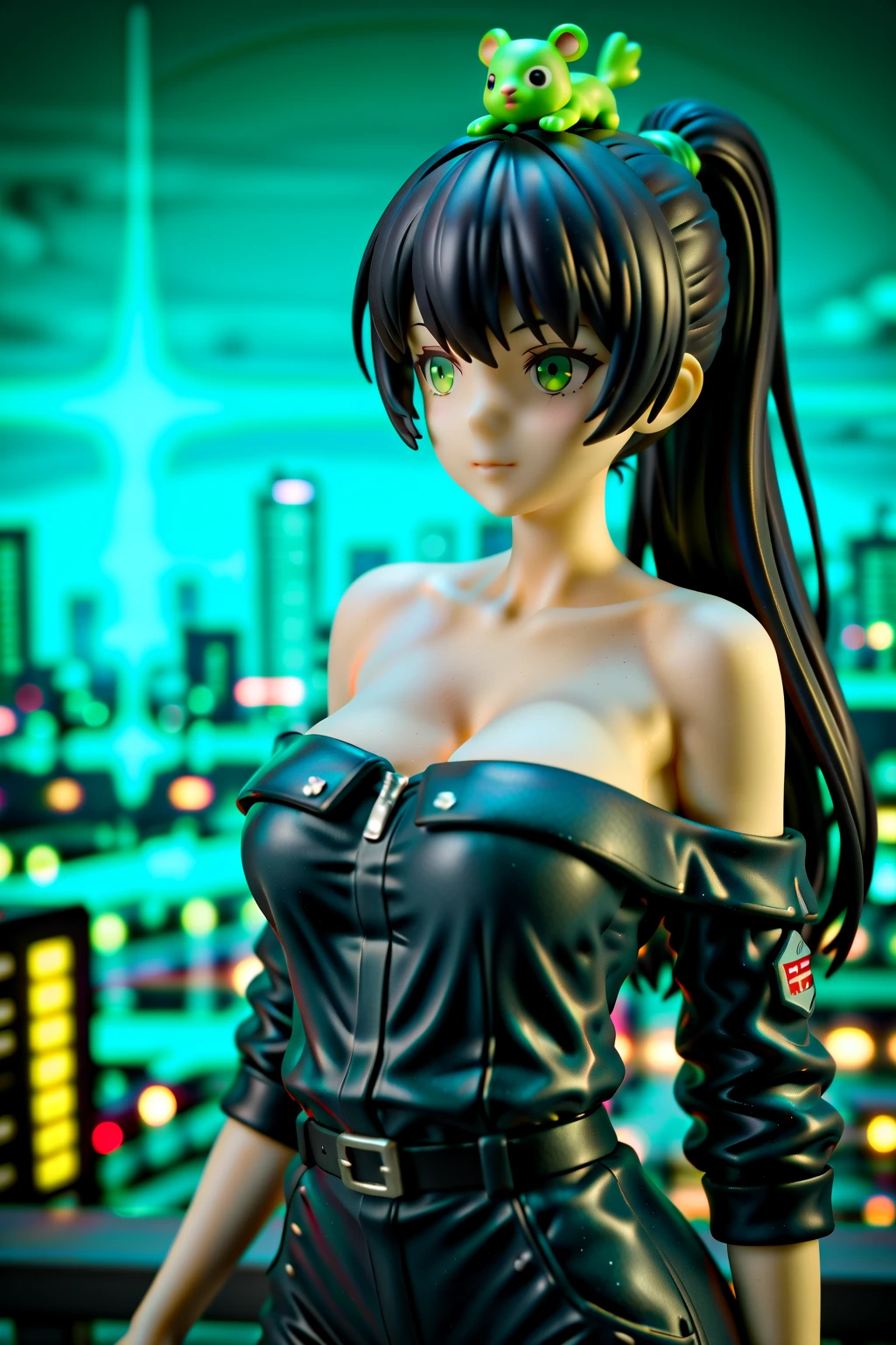 (ultra realistic,32k, masterpiece:1.2),(high detailed skin:1.1),( high quality:1.1),
<lora:ubel_(sousou_no_frieren):0.8>ubel,pensive,dark green hair,long hair,side ponytail,hair between eyes,bangs,black choker,bare shoulders,cleavage,halterneck,black dress,sleeveless,arm strap,single glove,belt,black skirt,buckle,black belt,thigh strap,knee boots,black footwear, blurry background,,fighting stance pose, (huge breast,large breast:1.1),<lora:add_detail:0.9>,
(neon light:1.1),