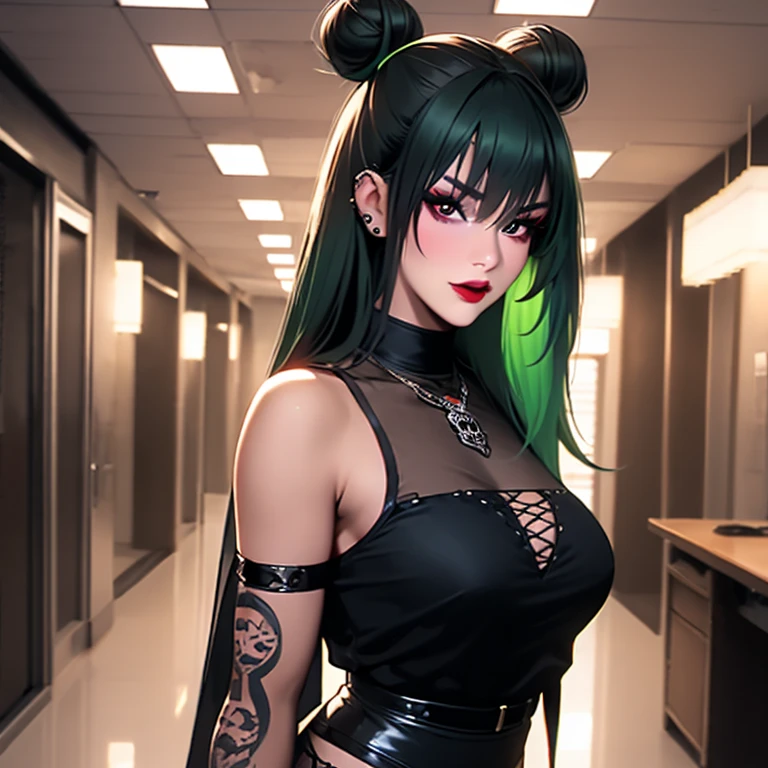 (masterpiece, photorealistic) slender girl, in classroom sitting on desk, looking at viewer, low cut shirt, skirt. chains, fishnet stockings, piercings, pigtails, small breasts, cleavage, long black and green hair, pale skin, goth, black lipstick