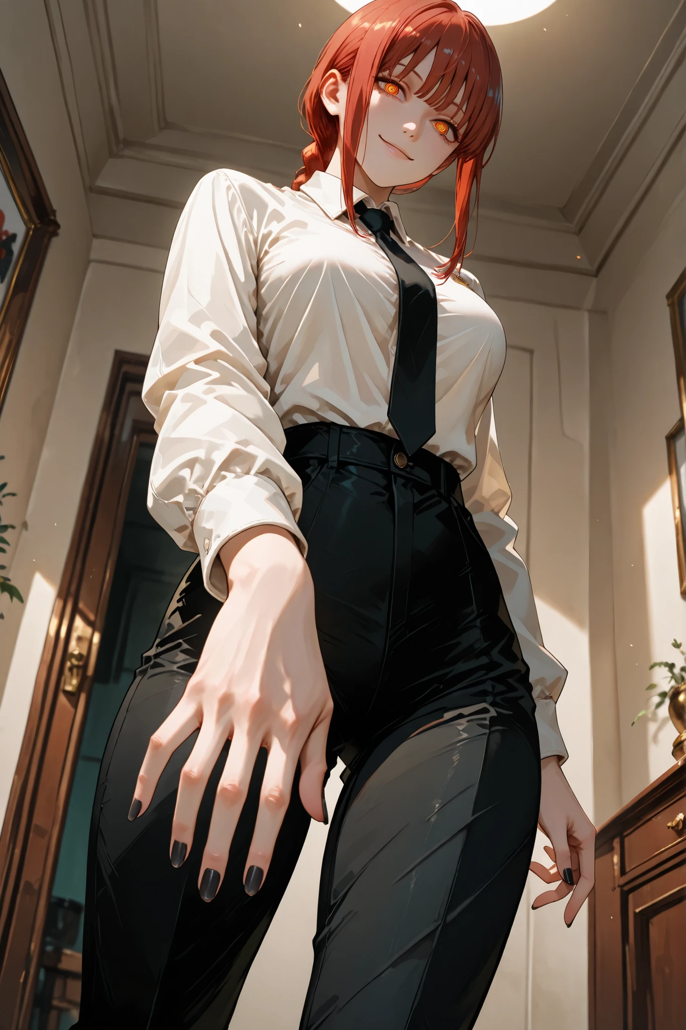 1girl, makima (chainsaw man), red hair, ringed eyes, braided ponytail, solo, black necktie, shirt, collared shirt, black pants, standing, in the room, sensual look, sexy, attractive, mischievous smile, looking at the viewer, detailed hands, five anatomically perfect fingers, black nails, holding hands with the viewer, dynamic pose, low angle, top quality, supreme masterpiece, ultra detailed, very aesthetic 