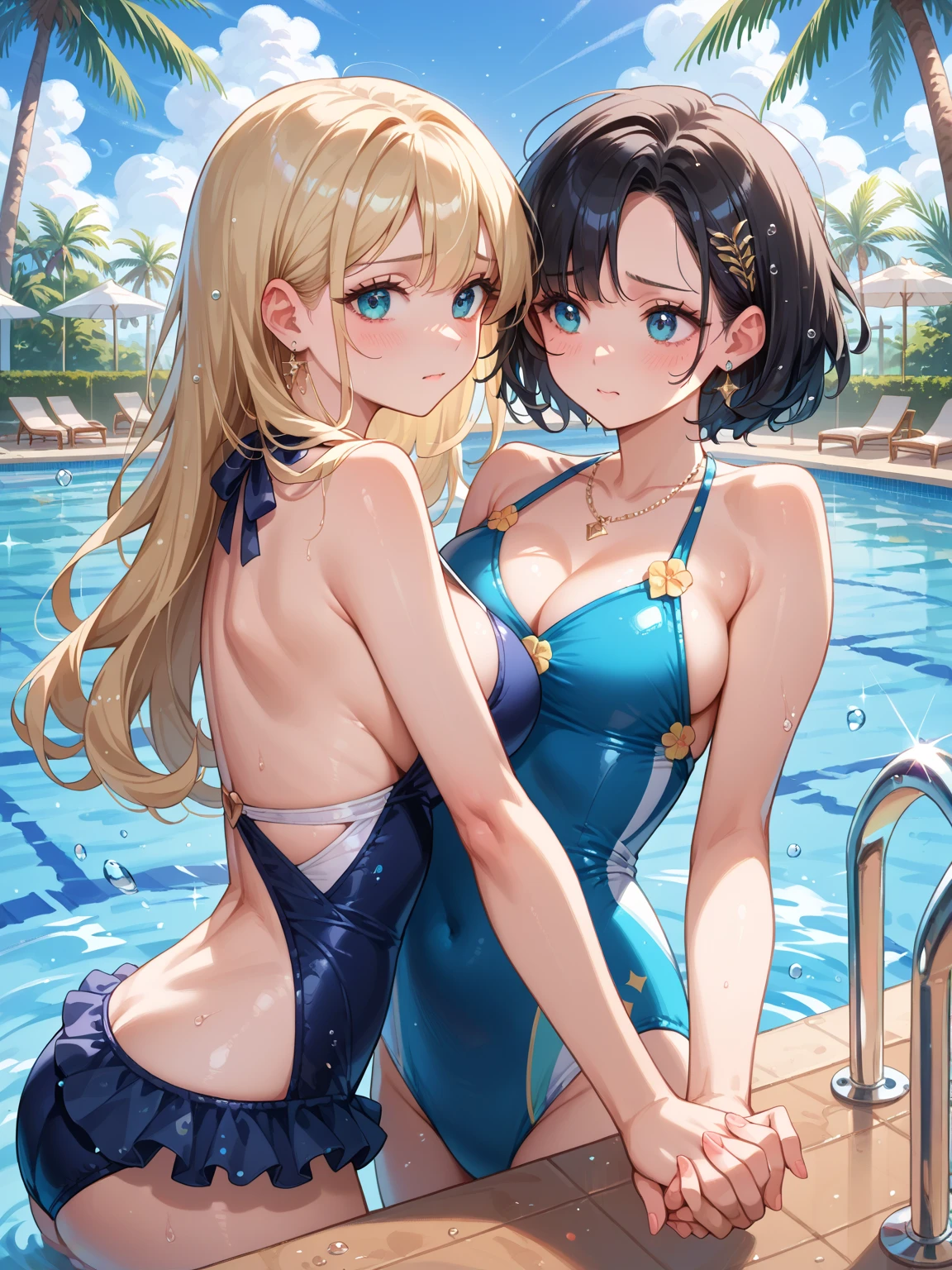 Best image quality, 8K, high quality, masterpiece:1.2), ((masterpiece)), (High detail, high quality, Best image quality), Bokeh, Depth of written boundary, Portraiture, Open Stance, (Cute illustrations:1.2), (Five Girls), Poolside, (Multiple girls with different hair colors and styles:1.2), Dawn, Beautiful light, Professional Lighting, (Small breasts), (Bright color low V-neck one piece bikini swimsuit,), (Idol Master), Cute round face girl, sexy, Dynamic pose, An exciting mood, smile, Dynamic Angle, Underarm,
