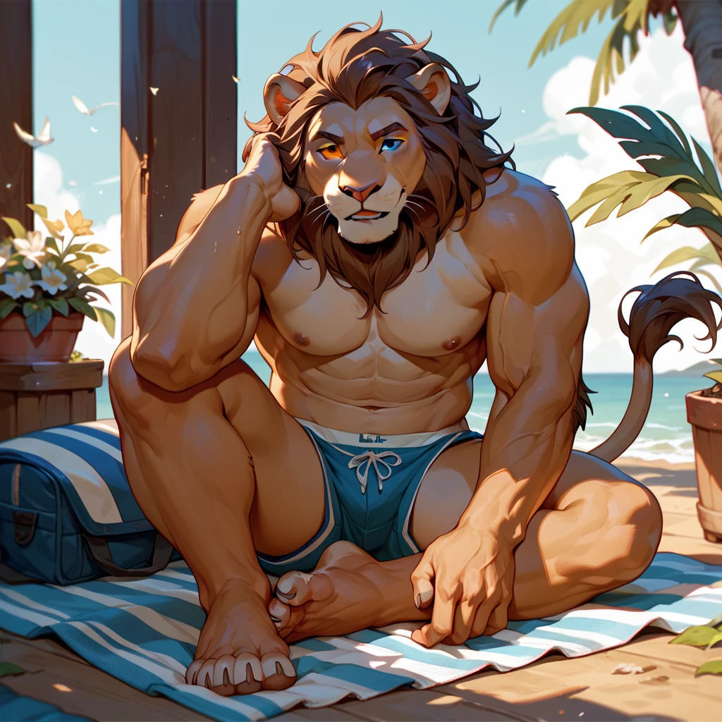Great lion with short mane and white fur, melena color azul, pectorales grandes, sin camisa, taparrabos, taking a nap under a tree next to a river, ojos cerrados, super detailed, cuerpo perfecto, relaxed expression, hands behind head, acostado