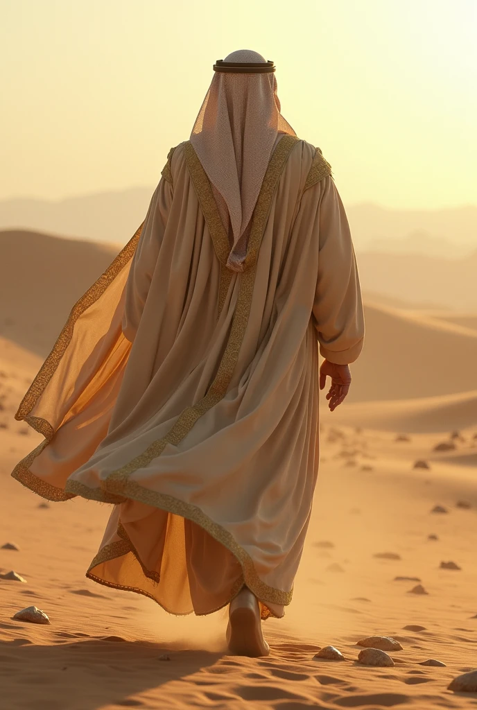 A , brave and allah messenger man in a white dress walking forward without showing face. I am only seeing his back