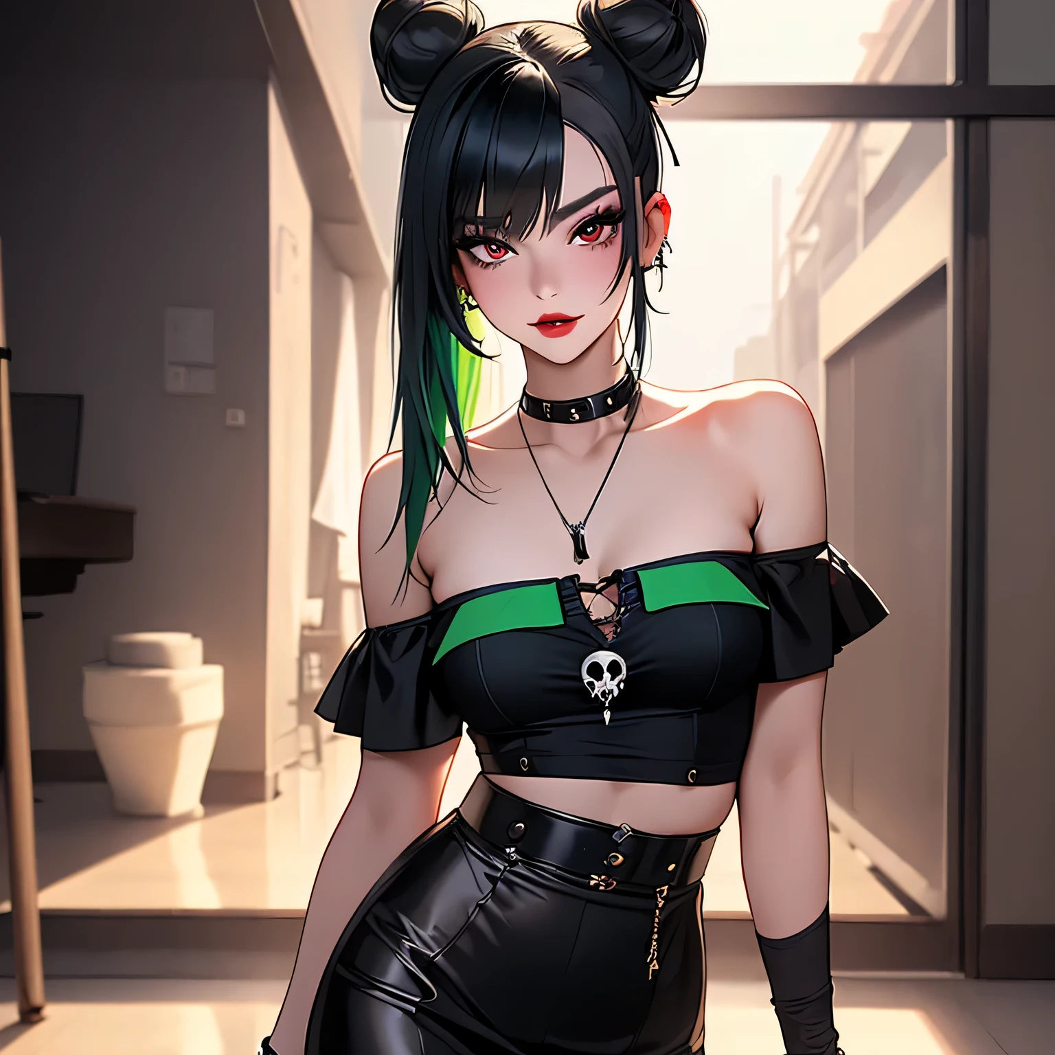 One woman, 22 years old mature alluring japanese gal, alluring face, bad girl look, cool girl, confident smile, Japanese gal, blue and red eyes, (wearing gothic punk top with skulls with A-line skirt, black net stockings), flat chested, (slender petite body), ((space bun hair with green extensions and full set of bangs)), (Her makeup is bold and edgy—dark eyeliner, defined lashes, and a subtle blush),winged eyeliner, pretty almond eyes, pretty, puffy beautiful big lips, heart and cupid shaped lip, beautiful skin, piel blanca, dots on her face, slender body, looking at the camera, autophoto, double eyelid, alluring face, (standing up position), straight soft and gently arched with a slight downward tail eye brows, studio quality, 8k resolution, high quality, Masterpiece, High definition, Ultra-detailed, extremely detailed CG unity 8k wallpaper, intricate details, white background