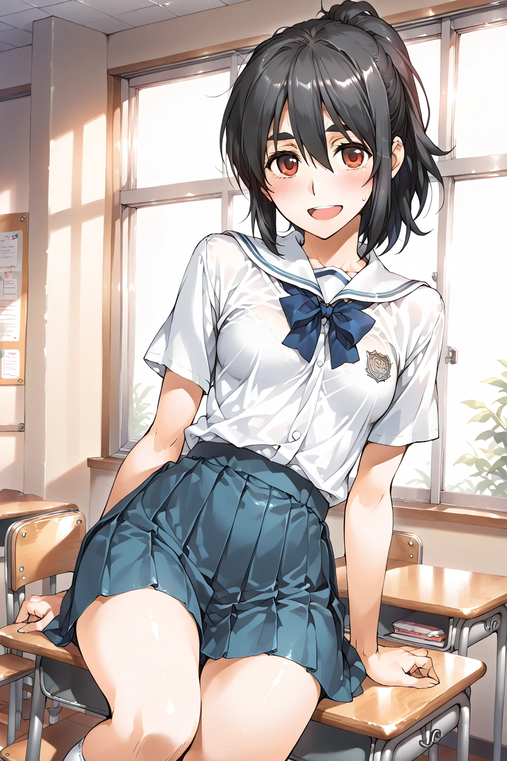 (masterpiece, 4K resolution, ultra-realistic, Very detailed), Girl、、12 years old、blazer、Sit on a chair、classroom、Holding white panties with both hands、smile、Black Hair、Side Ponytail、Brown eyes,holding panties,presenting panties.Perfect Fingers、tie、pussy、dildo in pussy、Blushing、Embarrassing、Embarrassed、Black Pantyhose、Spread your legs