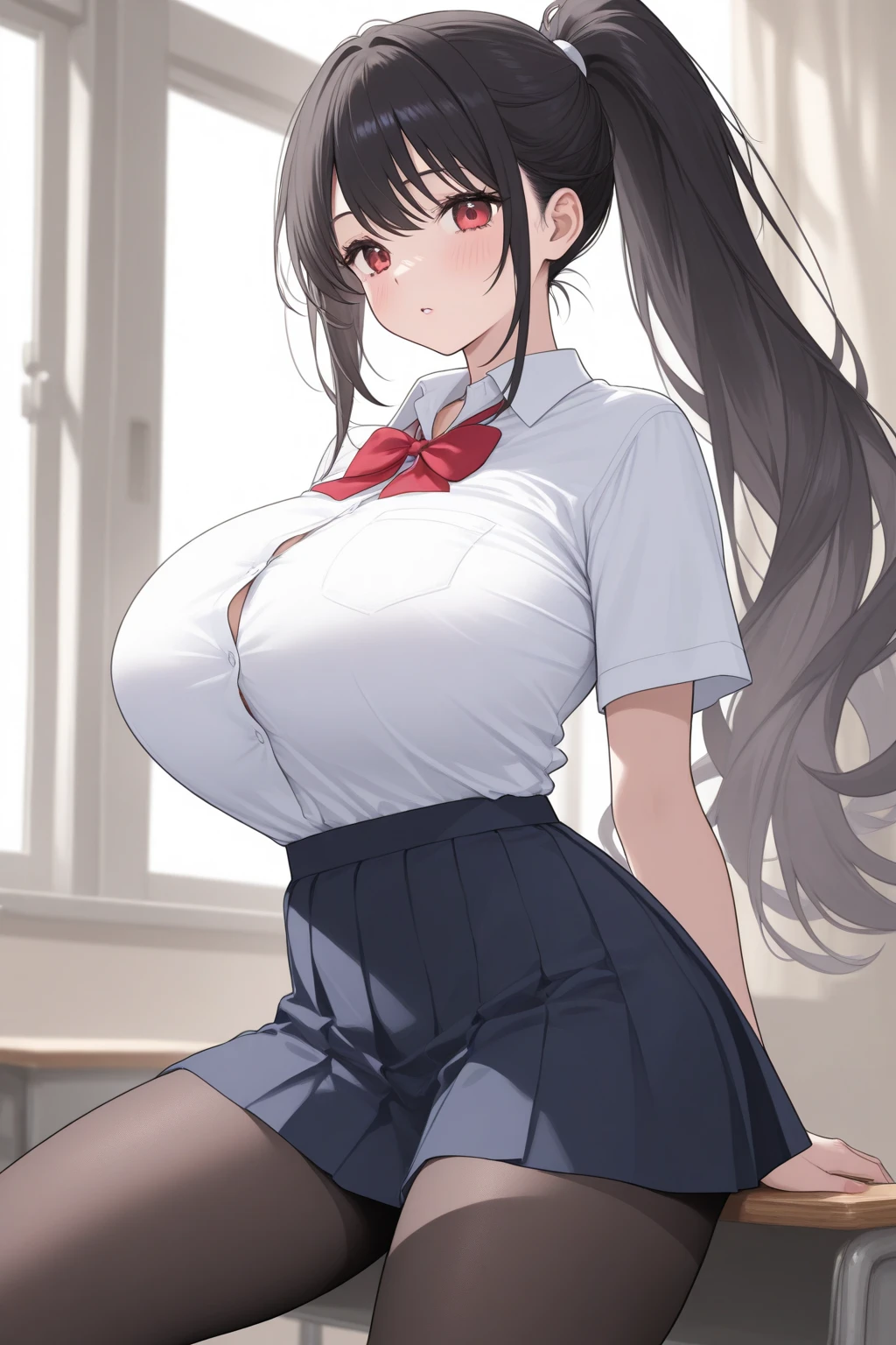 Girl with big breasts and thick legs, with stockings, chor and semi-transparent shirt, blushing and sticking out her tongue, that the tips of her breasts and her unbuttoned shirt can be seen, showing the stomach and with the legs wide open, semi desnuda y piernas abiertas