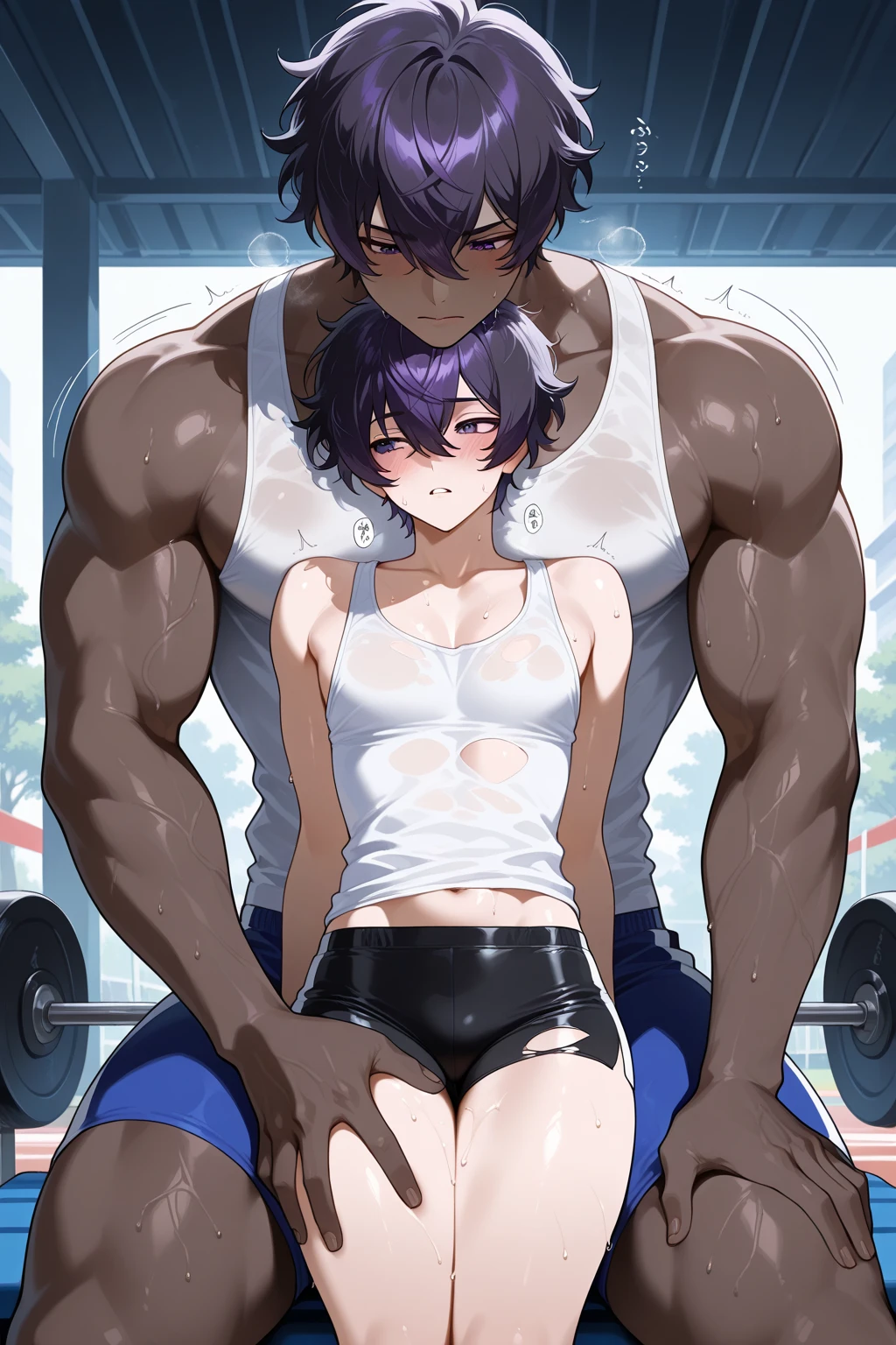 ((masterpiece)),((best quality)),(ultra-detailed),(an extremely delicate and beautiful),detailed backgroud, ((((1woman,tall stature)))and(((1muscular boy,tall stature)))),((((hetero)))),(height difference),(((wrestling ring))), (1woman),((((silver wolf/(Honkai:star rail/)))),(curvy:1.4),(huge breasts), pale skin,shiny skin, long hair,ponytail ,drill hair,hair between eyes, eyewear on head, navel, midriff,((She wears jacket, black jacket, sunglasses, gloves, black gloves, fingerless gloves, shorts,black shorts, shirt, white shirt, choker, crop top, fur trim)),(rolling eyes:1.4),(ahegao),(trembling),clothing aside, suspended congress,face to face,hug,sex,toes,standing, clothed,(cum in pussy:1.4),cum on clothes,cum on breasts,cum in mouth,cum on hair,(excessive cum:1.4), ((((1muscular boy)))),large penis,dark-skinned muscular boy,interracial,