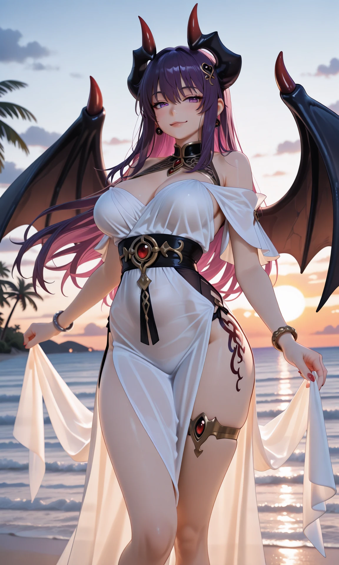 (full-body photo/standing/looking at the viewer:1.5), (Woman/Vampire:2), (extremely giant breasts:1.8), (wearing white silk thong bikini/extremely small/tight on body/invisible:1.3), (elderly men:1.5), (she's on a crowded seafront beach), (purple mohawk hair:1.4), (green eyes:1.4), (posing sensually:1.5), (extremely wet and damp/body/head/may:1.2), Anime, Mortal Kombat, Horror, Zombie, 16k, Masterpiece, high resolution, high quality, textured leather,
