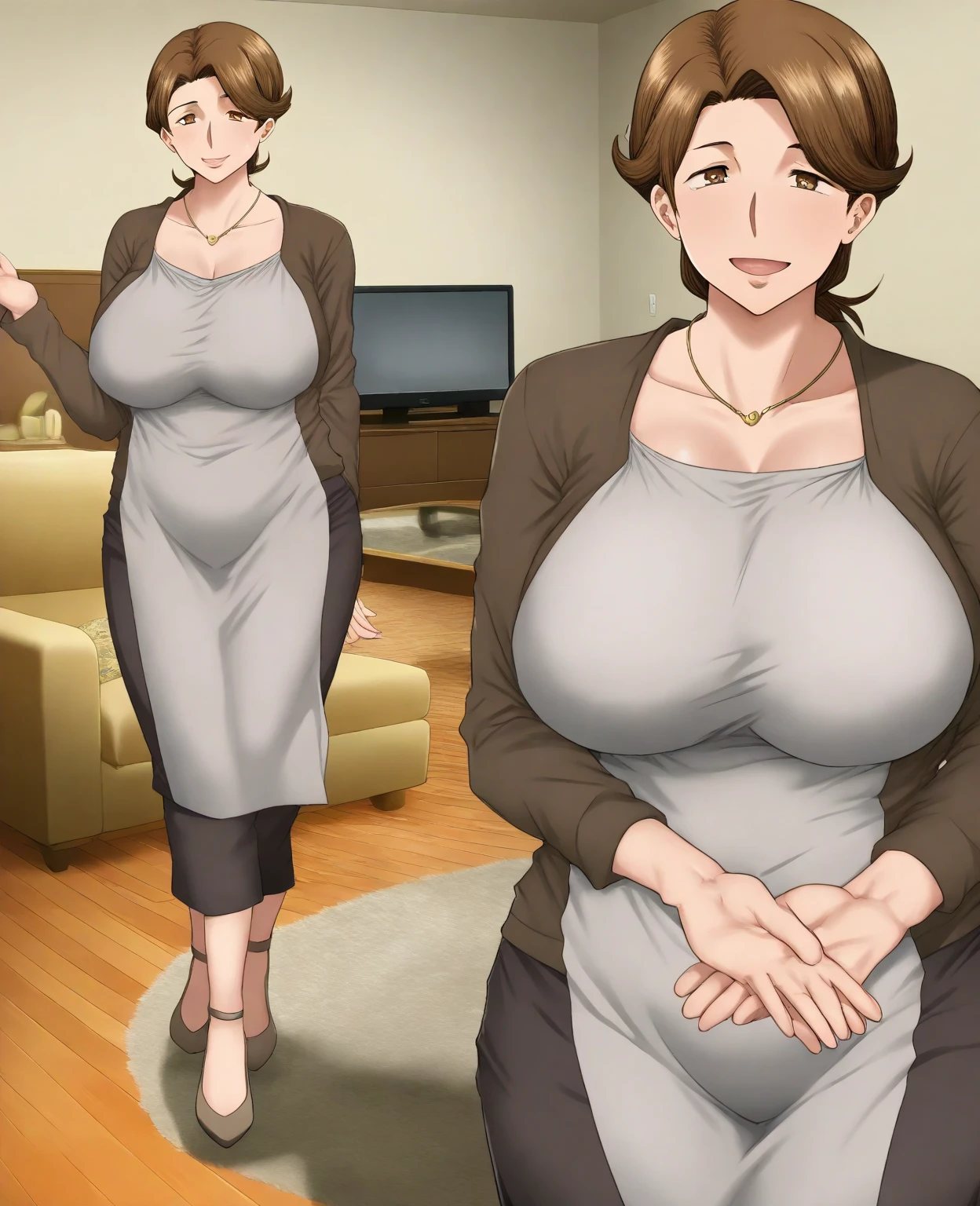 score_9, score_8_up, score_7_up, 
1girl, oosaki akie, purple eyes, very short hair, brown hair,

large breasts, white t-shirt, short sleeves, blue skirt, pencil skirt, 

smile, standing, indoors, living room, looking at viewer,