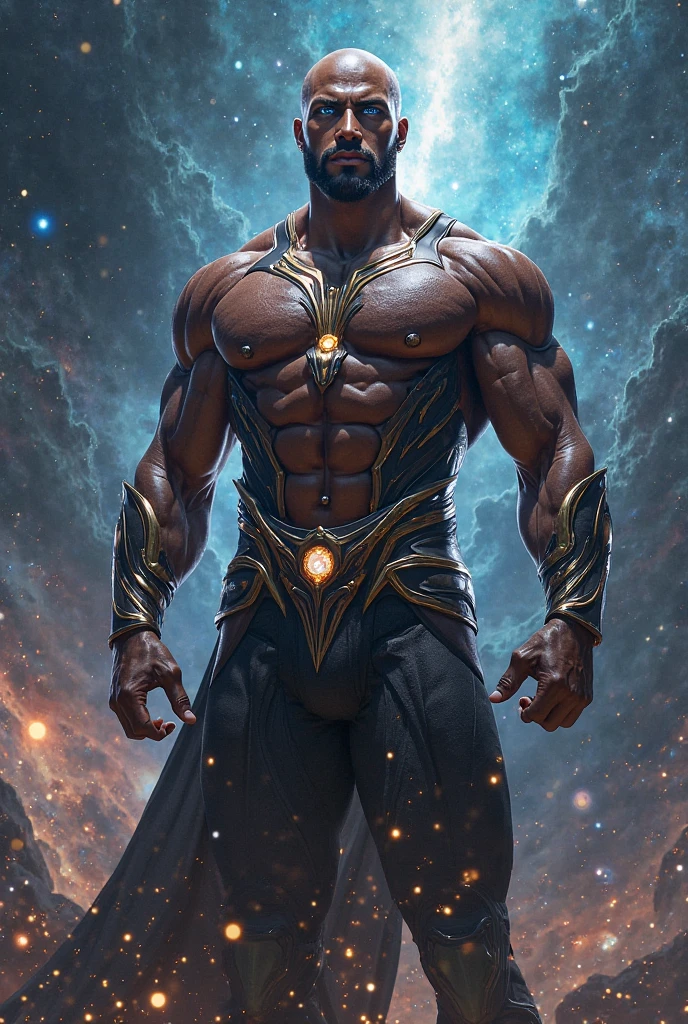 A colossal bara God, Void, Black hole head, blackhole mask, headless, void head, galaxy skin, giant pecs, big belly, galaxy, Godlike, wearing a godly black and purple skirt, Space, Calamity, Bara art, high quality, HD, Muscular, slightly chubby, big arms, thick thighs