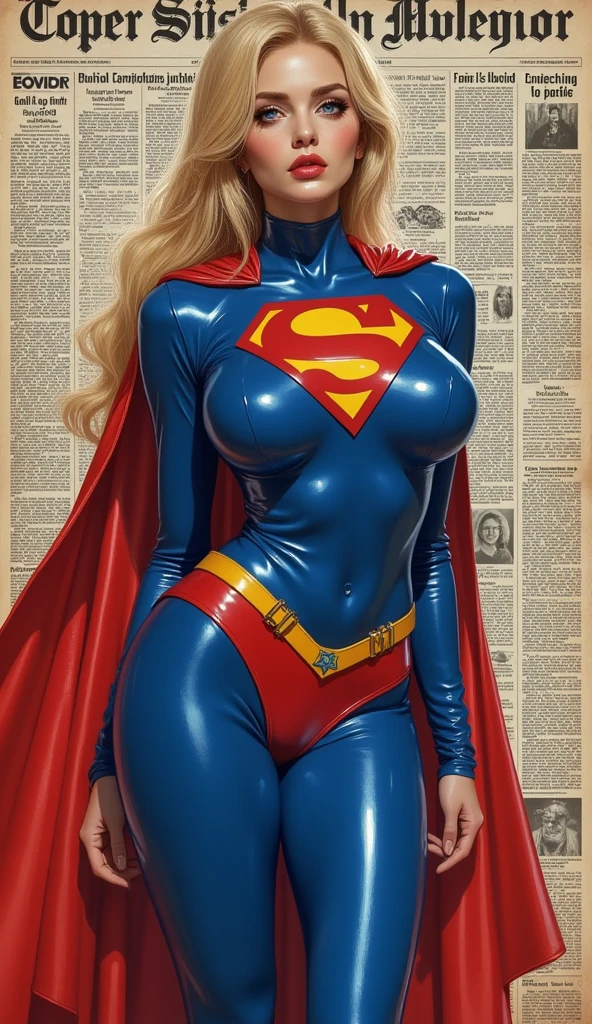 Blonde girl with short hair, blue eyes wearing a blue hero costume, cleavage showing her breasts, blue latex costume with red details, with a red cape saluting 