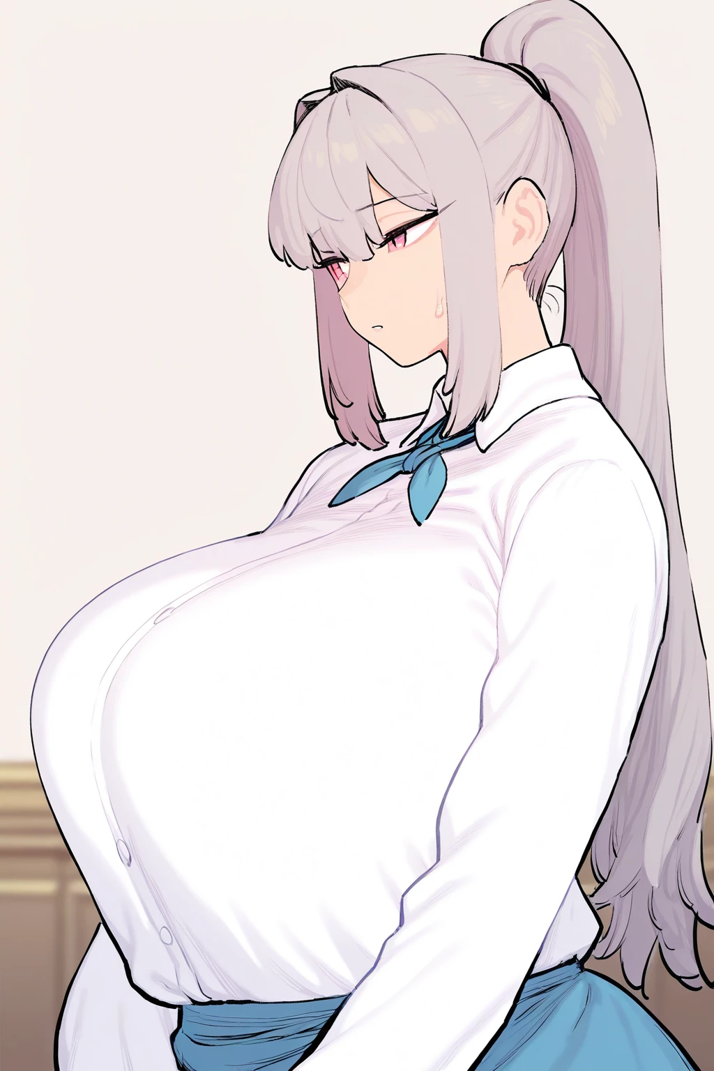 masterpiece, best quality, ultra highres, solo, (skinny body, thin body, narrow hip:1.3), narrow waist, skinny thighs, red eyes, sparkling pupils!, white hair, braid, hairclip, (gigantic sagging breasts, gigantic breasts:1.4), (school uniform, dress shirt, pleated skirt:1.7), short sleeve shirt, blue shirt, bow, classroom, cowboy shot, standing, (from above:0.7), bashful, surprised!,