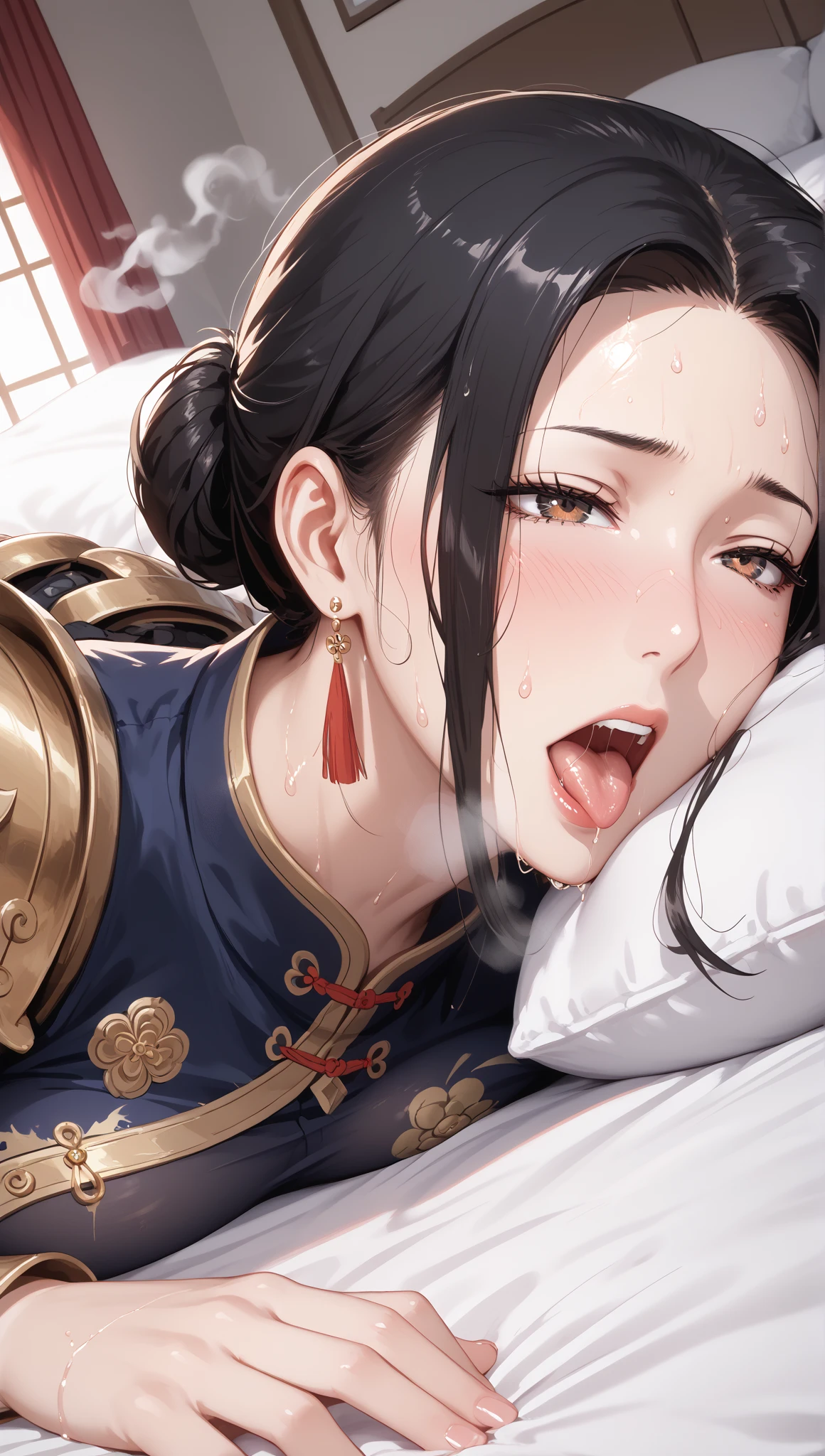 8K quality、High resolution、Realistic skin texture、High resolutionの瞳、、Blowjobする女、Brown long hair、、A simple green Chinese dress made from light fabric.、Dignified face、thin、Model Body Type、Realistic female genitalia、Deep and realistic penis swallowing、Blowjob、deep throat、Semen-covered body、put penis in mouth all the way to the base、Shooting from the side、Swallowing a lot of semen