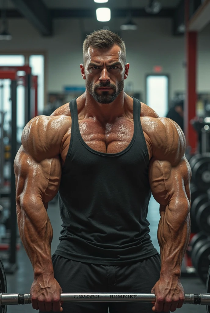 Muscle gym trainer, muscular body, huge chest and arms, bulk, angry