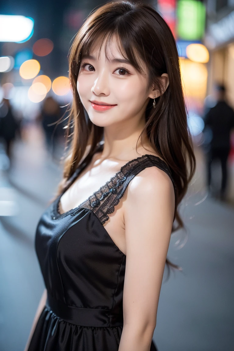 ((masterpiece: 1.3),8k, Realistic, RAW Photos, Highest quality: 1.4), (One Girl), beautiful顔, (Realistic Face), (Brown long hair: 1.3), head band、Night city in Shibuya、beautifulヘアスタイル, (bangs), (smile), smile, Realistic eyes, Gloss, highlight, highlight in the Eyes, eyelash, 目の中のbeautifulディテール, (Realistic Skin),、(((Black off-the-shoulder dress)))、Shooting from the air、beautiful肌, Transparency、(beautiful)、 bust, smile, teeth, Confused, charm, 超High resolution, Ultra-realistic, High resolution, Golden Ratio, Clear eyes, Looking into the camera, ear, Shine, Long neck, double eyelid, Big eyes, cheek, kind character, charm personality, kind, Move, 圧倒的なcharm, bright personality