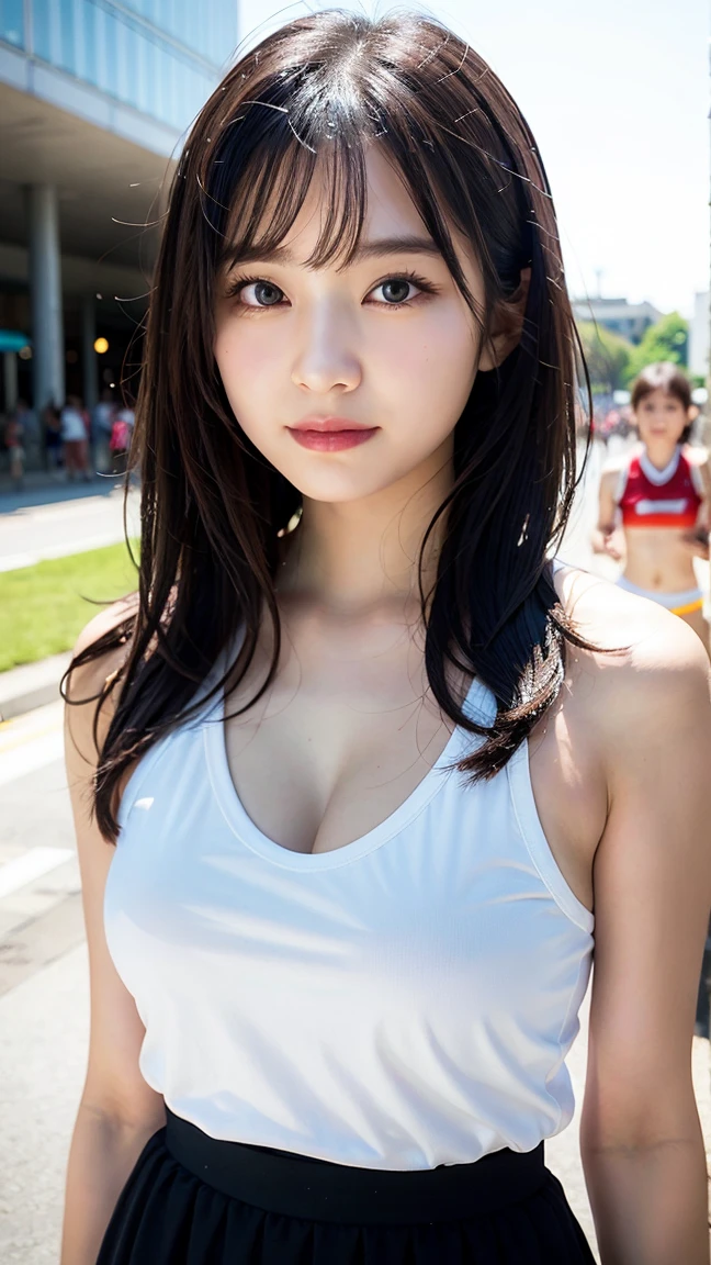 （8k、live-action、Raw photo、highest quality、masterpiece：1.2),(Outdoors),((Perfect lighting)),(Wet hair),Watching the audience,Sexy pose, cute smile,18-year-old,student,White skin,knees,Small Face,Part the front hair from the center、The forehead is visible,skinny,skinny)、masterpiece,highest quality、超A high resolution,one person, solo,Close-up shot、cute、Back to Students,(Sporty clothes:1.3),High school girl,Japanese women,（Photoreal：1.37）、Photon Mapping,Realistic、cuteSmall Face,Brown eyes、prospect、Depth of written boundary、Blurred Background、Real,(I can see the front hair), hair, I can see the knees, thigh,(Nogizaka Idol), actress、Big and ample breasts、Cleavage、Super fine、Low people、(Skin with visible pores:1.2)、(Focus on the face)、8 heads、Natural neck、Check and correct the skeleton