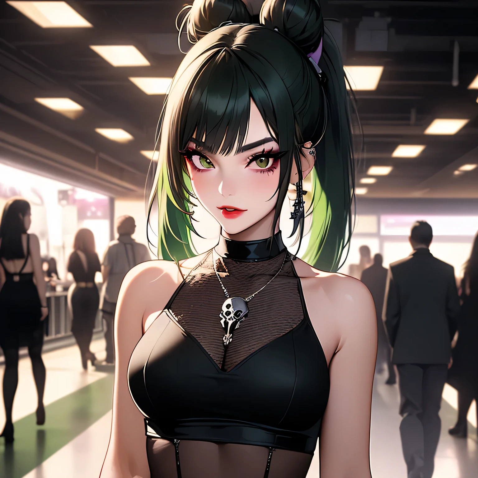 One woman, 22 years old mature alluring japanese gal, alluring face, bad girl look, cool girl, confident smile, Japanese gal, heterochromia eyes , (wearing gothic punk top with skulls with A-line skirt, black net stockings), flat chested, (slender petite body), ((space bun hair with green extensions and full set of bangs)), (Her makeup is bold and edgy—dark eyeliner, defined lashes, and a subtle blush),winged eyeliner, pretty almond eyes, pretty, puffy beautiful big lips, heart and cupid shaped lip, beautiful skin, piel blanca, dots on her face, slender body, looking at the camera, autophoto, double eyelid, alluring face, (standing up position), straight soft and gently arched with a slight downward tail eye brows, studio quality, 8k resolution, high quality, Masterpiece, High definition, Ultra-detailed, extremely detailed CG unity 8k wallpaper, intricate details, white background