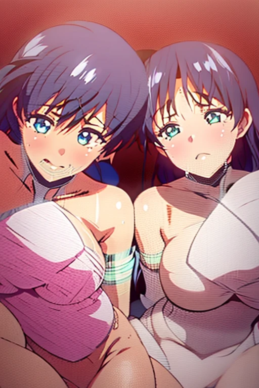 ((2 girls:1.0)), (Yuigahama Yui shapely breasts),(Yukinoshita Yukino),bed,Completely naked,beautiful nipples,(pussy),(urethra),Uterus,clitoris,thigh nsfw,front,looking at camera,(high angle),crying face,narrow your eyes,