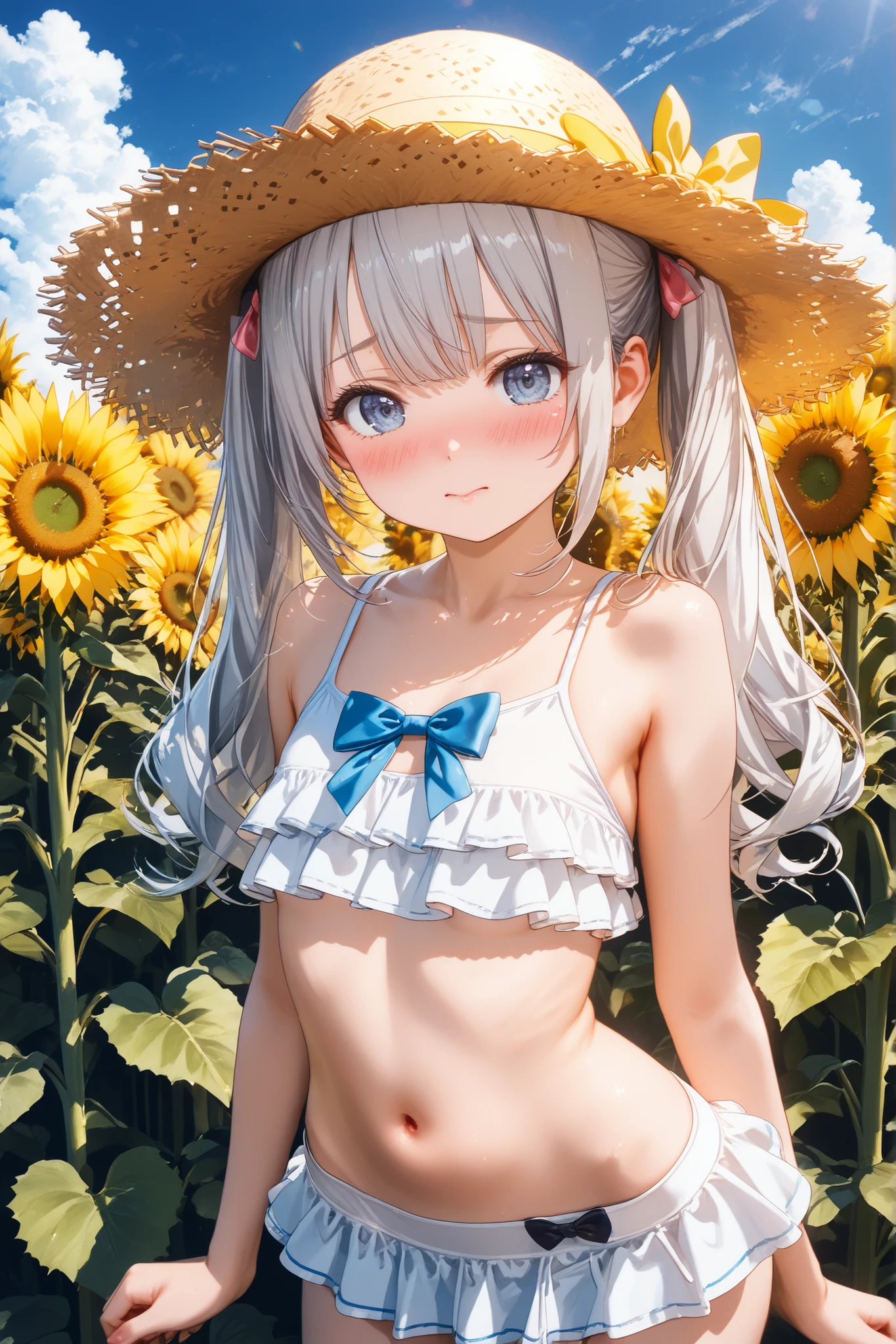 (((best quality)), ((masterpiece)), (details), masterpiece, best quality, high quality, ulutra detailed, perfect face, ((1girl, blue eyes, cat ears: 1.3 silver bob hair: 2.5,)) 、Shiny Hair、Glowing Skin、blush、Lustful look、smile、Sunflower print bikini、Sunflower hair accessory、Sunflower field background、whole body、Sexy pose