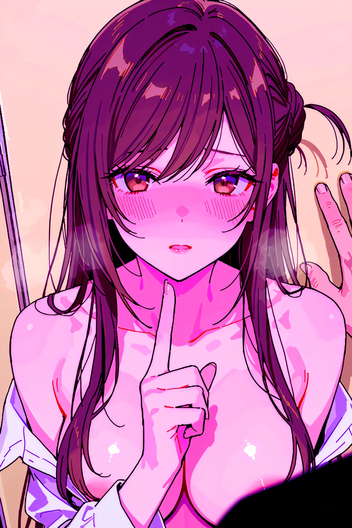 (masterpiece, best quality:1.2), 1girl, solo,full,mirror,One Finger Selfie Challenge,
Yuuki Mikan, long hair,black sleeveless short vest,pink skirt,black