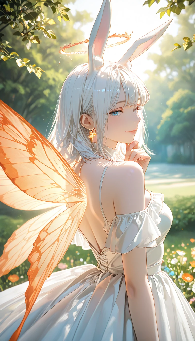 One woman, Very detailed , elegant , Light and vibrant colors , Lots of white butterflies , moonlight , Upper Body , 女god , Beauty , Big Rainbow , Long hair look , Light blue short hair , Long sleeve clothes , Less exposed skin , Small breasts , Large butterfly wings growing , Lots of flowers , god々Shining light