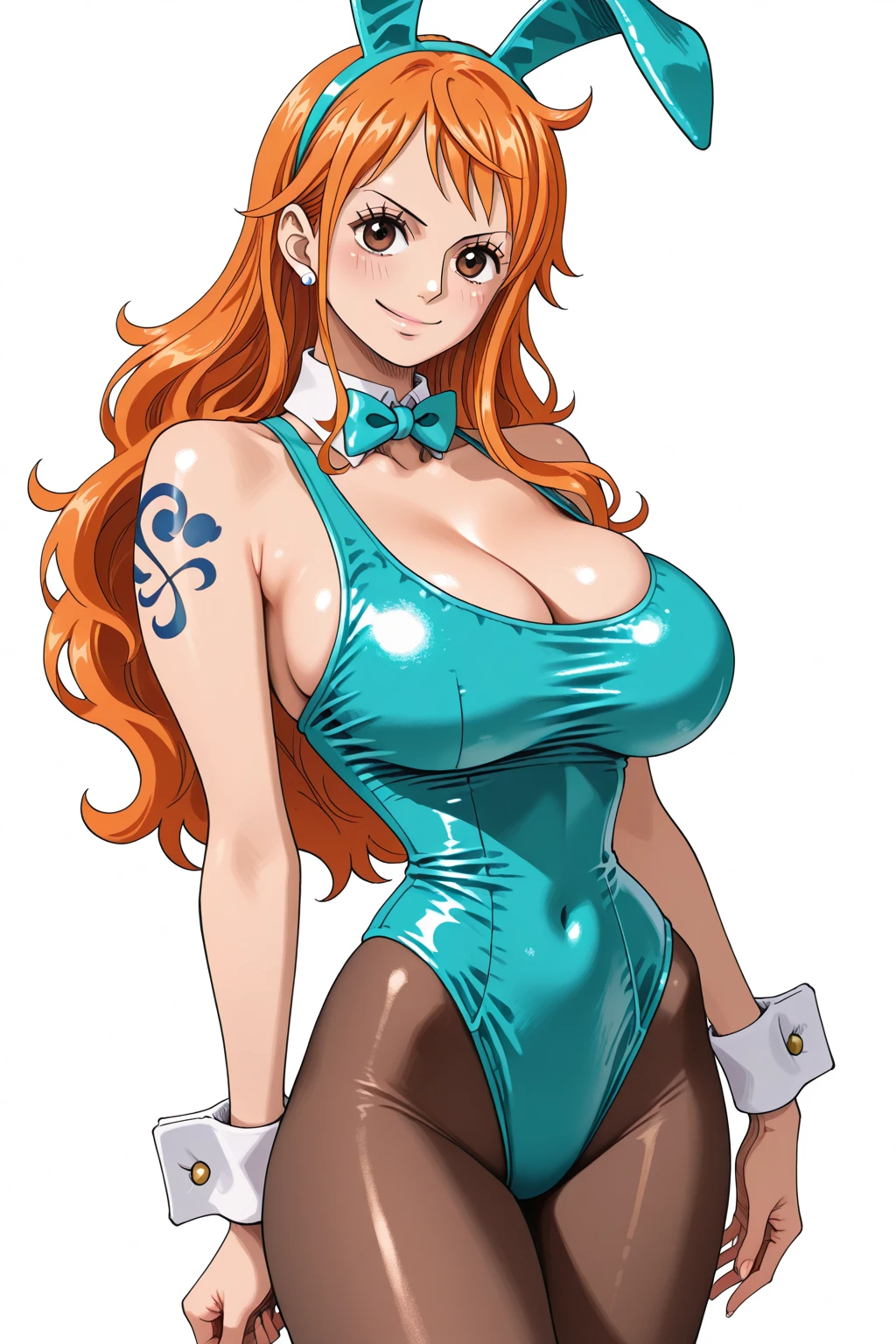Nami,One piece,slicked high Top knot bun hairstyle,Big breast,vertical earring,((Thin orange leopard print tight short sleeve shirt with cleavage)),open navel,Lowrise blue jeans ,diamond Wedding ring,Orange hair,short pixie hair,Absalom wife,Necklace,Hoop bracelet,Long nail,Wide hips,gaze in viewer,Fullbody view,Solo,half eyes expression,Spouty lips,Mature,needy gesture,glossy light Tanned skin,light blush,soft expression,Skindentation,Mature,Lipstic,eyeshadow,1hand in hip,Full slicked bang