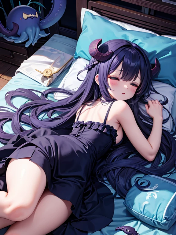 (Woman in thin nightgown. Octopus tentacles from overhead.Heart-shaped gemstone in the navel:1.1)). Sharp eyes. Black hair. Long hair. Reduce skin exposure. sharp claws. dark mansion. Yanderes Mile. Tiara on the head. on the bed. Skull and candle.