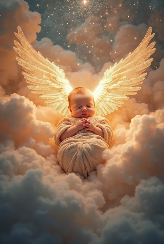 Newborn baby on the clouds dressed as an angel with black hair, sleeping very blue sky best quality colors professional photo, 8k
