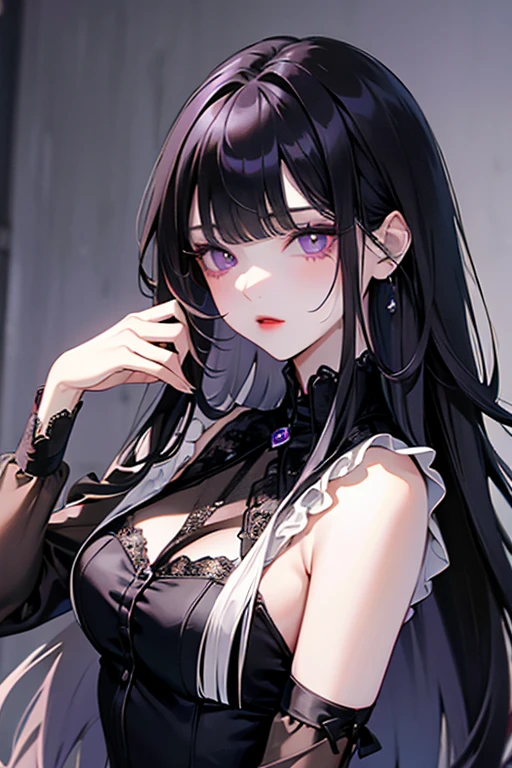 独奏, handsome, Glossy feel,
1. Female,
hime cut,Straight Hair,Bob Hair, 
black hair, 
nakano yotsuba,
purple Eyes,Soft look,beautiful,beautiful,sexly,Darkness,Lots of black earrings,choker,
black Off Shoulder,black Distressed jeans,Black Bra,
skin,Alluring,
black  background,