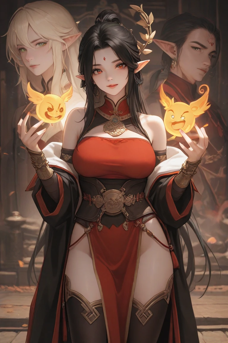 Dragon Princess Liu Qiyue,mature dragon woman,Chinese dragon horned,long silky black hair, pointy ears,Eyes red, thin lips,Round face,breasts big ((with neckline)), hourglass waist,big ass and shapely thighs,wearing a seductive red hunfa,holding chinese war spear,white skin tone,arrogant and imposing look((SFW))