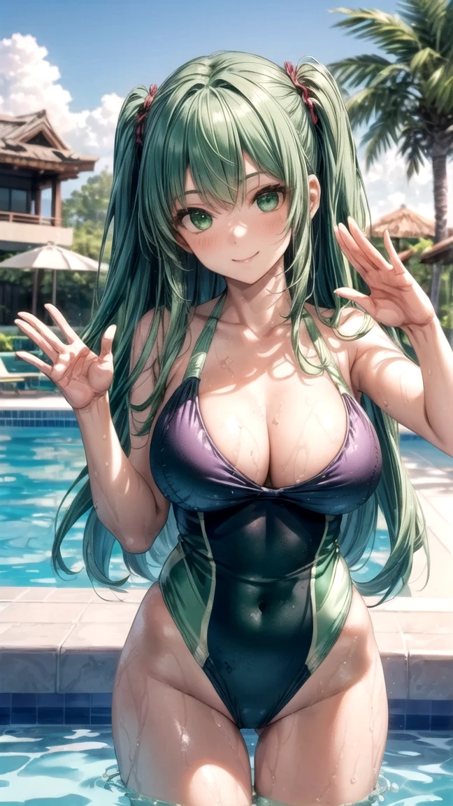High detailed, 4k quality, stunning 23 years old female, green hair, random hairstyle, necklace and piercing, wearing Erotic Swimming: Swimsuit, swim cap, goggles, and a quick-dry towel, perfect breast, long cleavage, curvy body, playful expression, street background