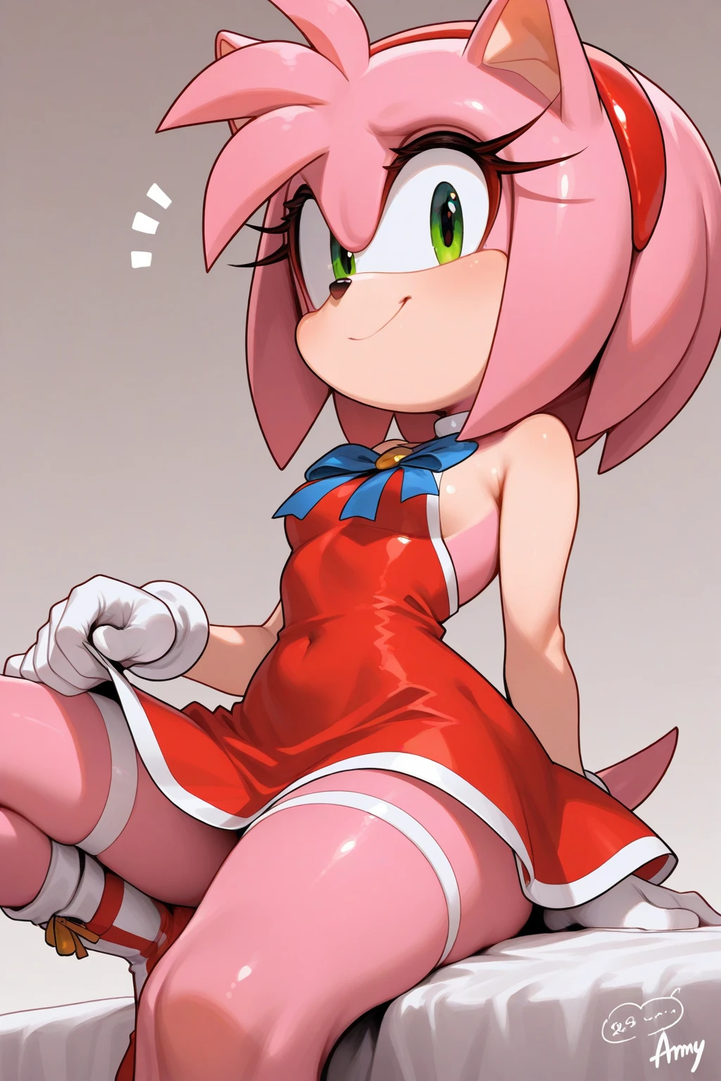 score_9, score_8_up, score_7_up, score_6_up, score_5_up, score_4_up, amy rose, (behind view), (ass focus) (2D anime style), anthro furry, pink fur, green eyes, small tail, medium breasts, strapless, (cute red short dress), (red boots), (pantyshot), (cute white panties), (cameltoe), bare feet, bare hands, sexy curves, big head, (solo), standing, bending over, seductive pose, looking at viewer, seductive stare, (green park background), sunrays