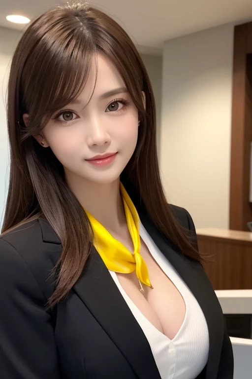 (8K, RAW Photos, Highest quality, masterpiece:1.2), Super detailed, Ultra-high resolution, (Realistic, Photorealistic:1.37), High-definition RAW color photos, Professional photos, Very delicate and beautiful, Very detailed, 8k wallpaper, (Beautiful and detailed eyes)、(Beautifully detailed face),Anatomically correct body shape, Professional Lighting,From Above,Close Up, one person,woman、Japanese、Age 25, Brown Hair,Short Hair、 (A shy smile:1.3), Fine and beautiful skin、Skin Texture、 (Slim waist:1.2)、(E cup bust:1.21), (secretary,yellow,Long sleeve,suits:1.3),(mini skirt:1.25), (Emphasize the cleavage:1.1),sitting, Sharp focus、The background is a real company