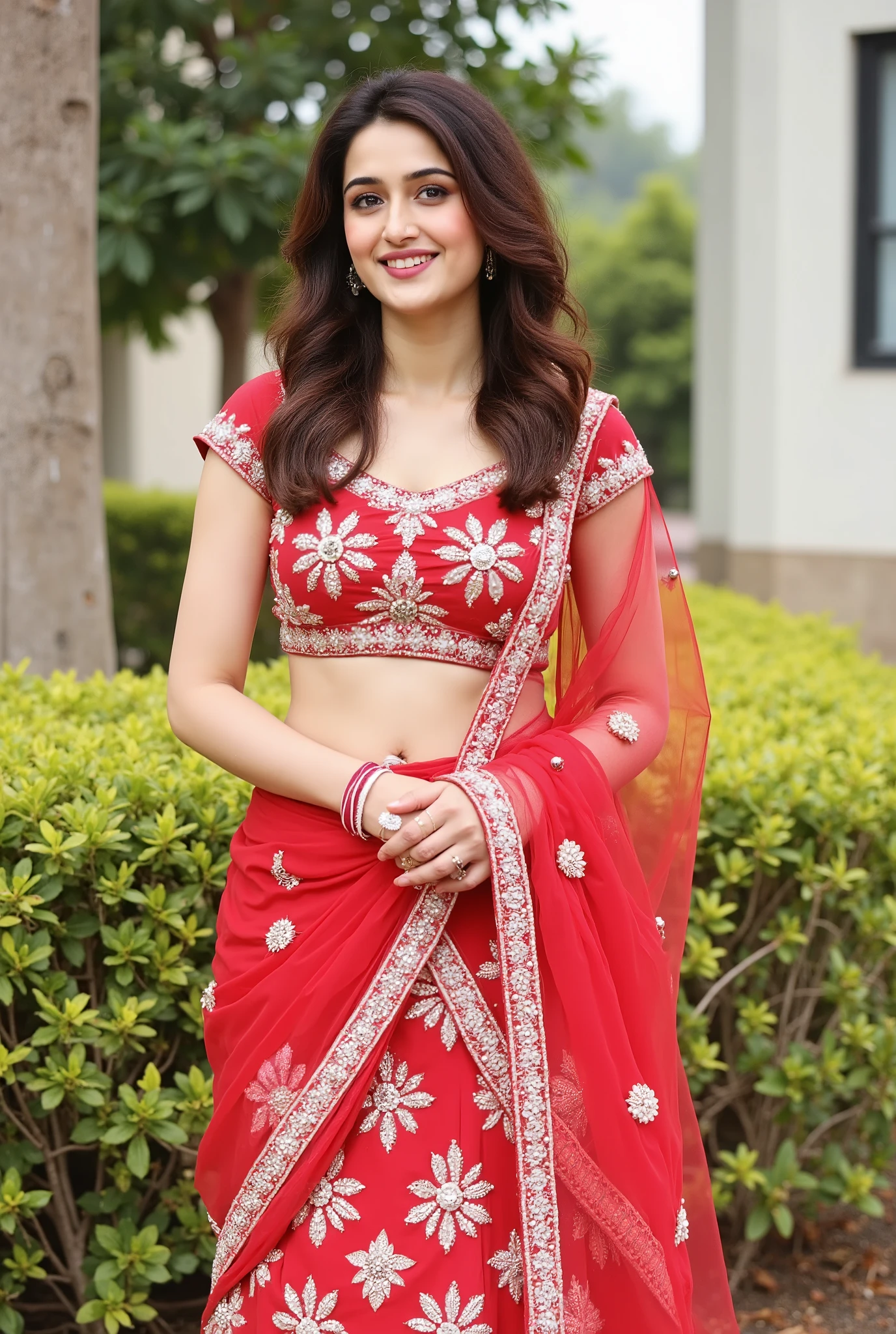 An elegant Indian woman posing outdoors in a beautifully embroidered red floral lehenga set. She wears a red crop top with intricate threadwork and bead embellishments, paired with a matching sheer embroidered long jacket and flared palazzo pants. Her wavy, mid-length brown hair is styled in soft waves, and she wears a traditional choker necklace and minimal makeup. She stands confidently with hands gently clasped, smiling softly, against a background of green bushes, trees, and a modern building. Bright natural daylight, graceful and festive vibe, traditional yet fashionable