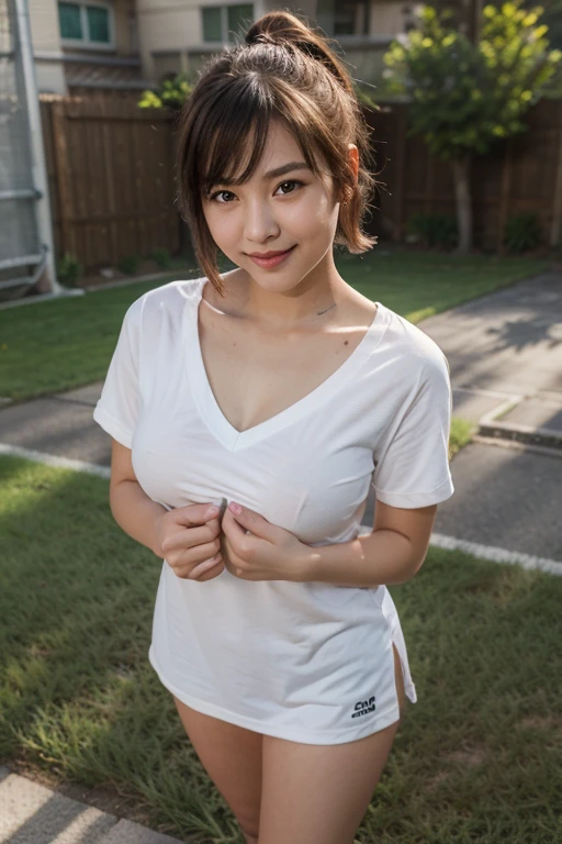 highest quality、8k、No makeup、masterpiece、Ultra-high resolution、Realistic、Realistic、very cute、Baby Face:1.6、Large erect nipples、I can see her cleavage、Tight waist、Round eyes、Very short hair、smile、Transparent White Calvin Klein、Head to knee photo:1.8、Delicate face、Beautiful Skin、Athletics Stadium:1.6、running:1.8、Full body photo