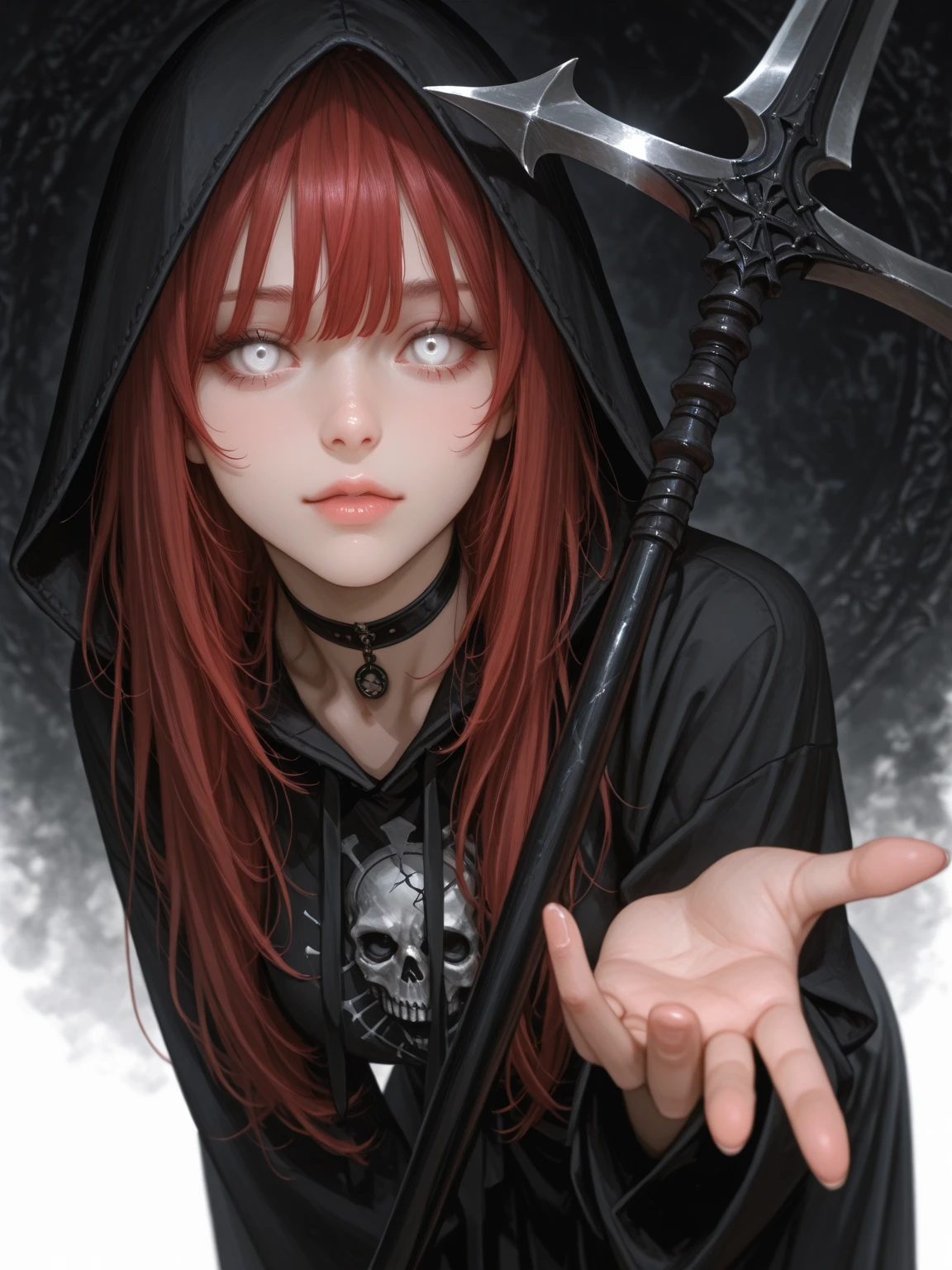 Cute hooded girl,The Grim Reaper emerges from the swirling shadows.Stand in the Cemetery of Forgotten Souls.(Female Grim Reaper Protecting a Girl from Behind:1.3,)Wielding a scythe,(Light brown and light orange striped hair:1.3,),Dark makeup,Beautiful breast slip、A smile that makes the viewer happy,Perfect face,Proper body proportion,masutepiece,High-quality output images,超A high resolution,Intricate details,Very delicate and beautiful hair,photographrealistic,Dreamy,Professional Lighting,realistic shadow,Beautiful hands,Beautiful fingers,Detailed finger features,detailed clothes features,Detailed hair features,detailed facial features,Style fighting games,Style RPG