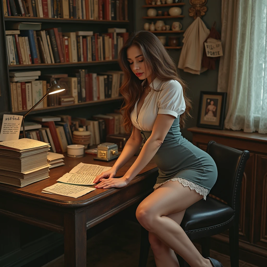 6 ft tall pale brunette with long hair, teal eyes, and 28G cup breasts in casual clothes standingin an old library focused on casting a spell with blue light