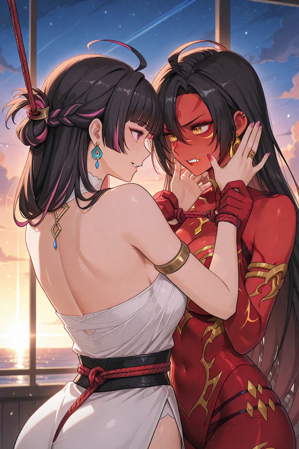 A young and beautiful woman and a mature and seductive woman:1.2,(Highest quality,Extremely detailed depiction,Incredibly absurd high resolution,Anatomically accurate depiction,Curvy Legs,Vertically drawn pupils,Shiny skin,Porcelain-like skin),(Succubus Sisters),(Elegant Gala Dresses,Fluffy Dress,Conservative dress,Gorgeous)eyelash,Sweat,(Glowing purple eyes,Crazy Eyes,Large Breasts,A seductive smile,lustrous red lips,Flashy makeup,A seductive gesture by two people,Sisters hugging each other:1.3,Half-closed eyes:1.5),Luxury accessories,earrings,necklace,Bracelet,whole body,