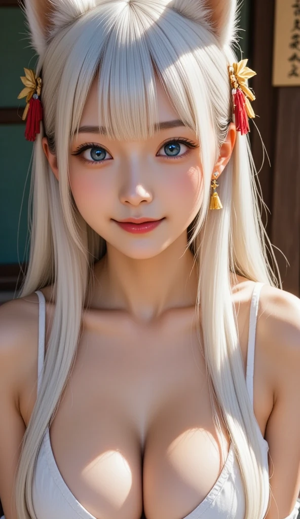 ((Highest quality))、((Very detailed))、(Detailed eyes:1.6))、((Temptation Pose:1.6))、(Huge breasts:1.3)、Platinum Blonde Hair、Black underwear、Shooting from below、Looking down at the viewer from above