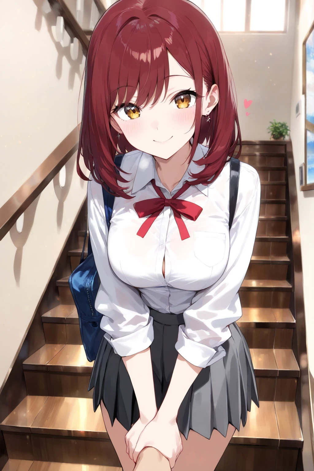 Masterpiece to the smallest detail、top-quality、1girl in、Solo looks 12 years old、150cm petite beautiful girl、small tits、12-year-old baby face、red hairs、Gradient bob in the forward、Pink and violet mesh、red eyes、Red eyes、Tall, big eyes、Outstanding looks、A lovely child、proximity、closed_mouth、a smile、red blush、full of shyness、blue headwear、Hats、pink bowtie、校服、 Blue jacket、jaket、skirt by the、Gray skirt shirt、white shirt、an legs、Black socks、sitting on、Classroom、hair_ornament、looking_at_viewer、beatiful detailed eyes、Akame、panties on、lift up one's skirt、Professional effects、