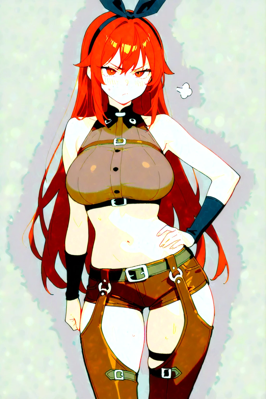 <lora:Genzoman_Style_Dim64:0.6>,((masterpiece,best quality)), absurdres, <lora:Kobayashi_Rindou_Shokugeki:0.8>, Kobayashi_Rindou_Shokugeki, 1girl, solo, fang, red hair, long hair, hair over one eye, yellow eyes, bikini, fur trim, horns, large breasts, leather, solo, smiling, looking at viewer, cowboy shot, cinematic composition,