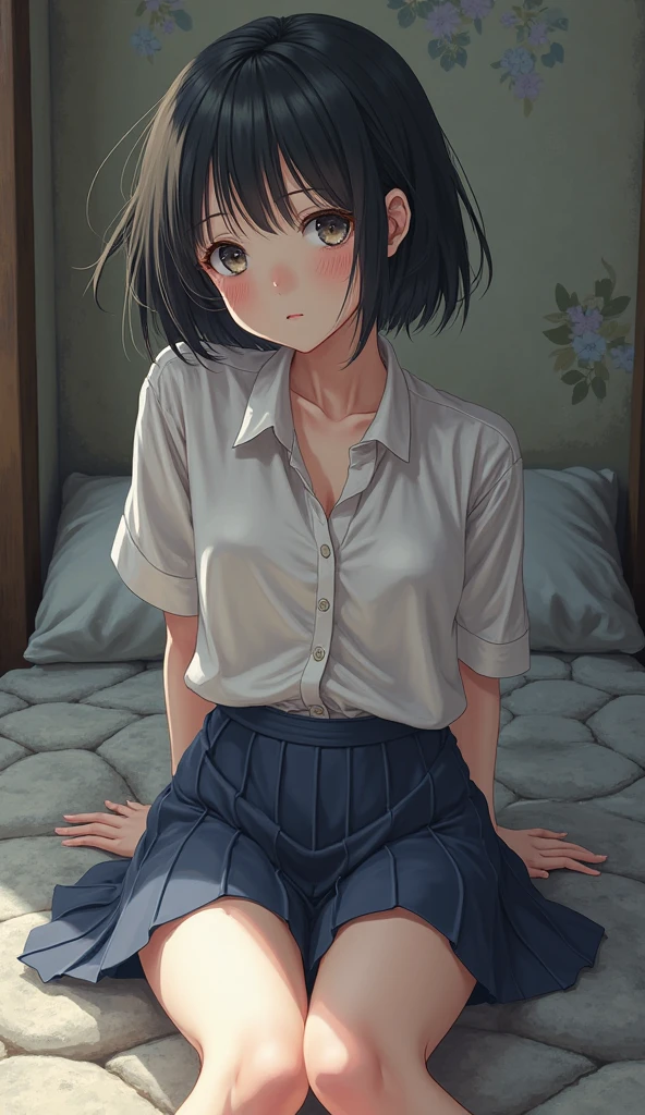 (perfect ???????:1.2)(absurdres, highres, ultra detailed),masterpiece,best quality,high resolution,8k,Realistic face,Realistic skin texture,magnified textures, stunning clarity,detailed anime girl,(ultra detailed eyes and face),(1 girl:1.5)21years old,she is office worker,black hair, bob cut,no-makeup look,Loose-fitting short pants loungewear,black satin good,(wariza:1.3),Blue eyes,sparkling eyes,small nose,roundface,Women's Apartments in suburb,2:00 P.M.(buzzer),(too hot),(sweat),The expression of suffering from the heat,Foliage plant,Sitting right in front of the fan,Outside the window, the sky is blue and there are cumulonimbus clouds