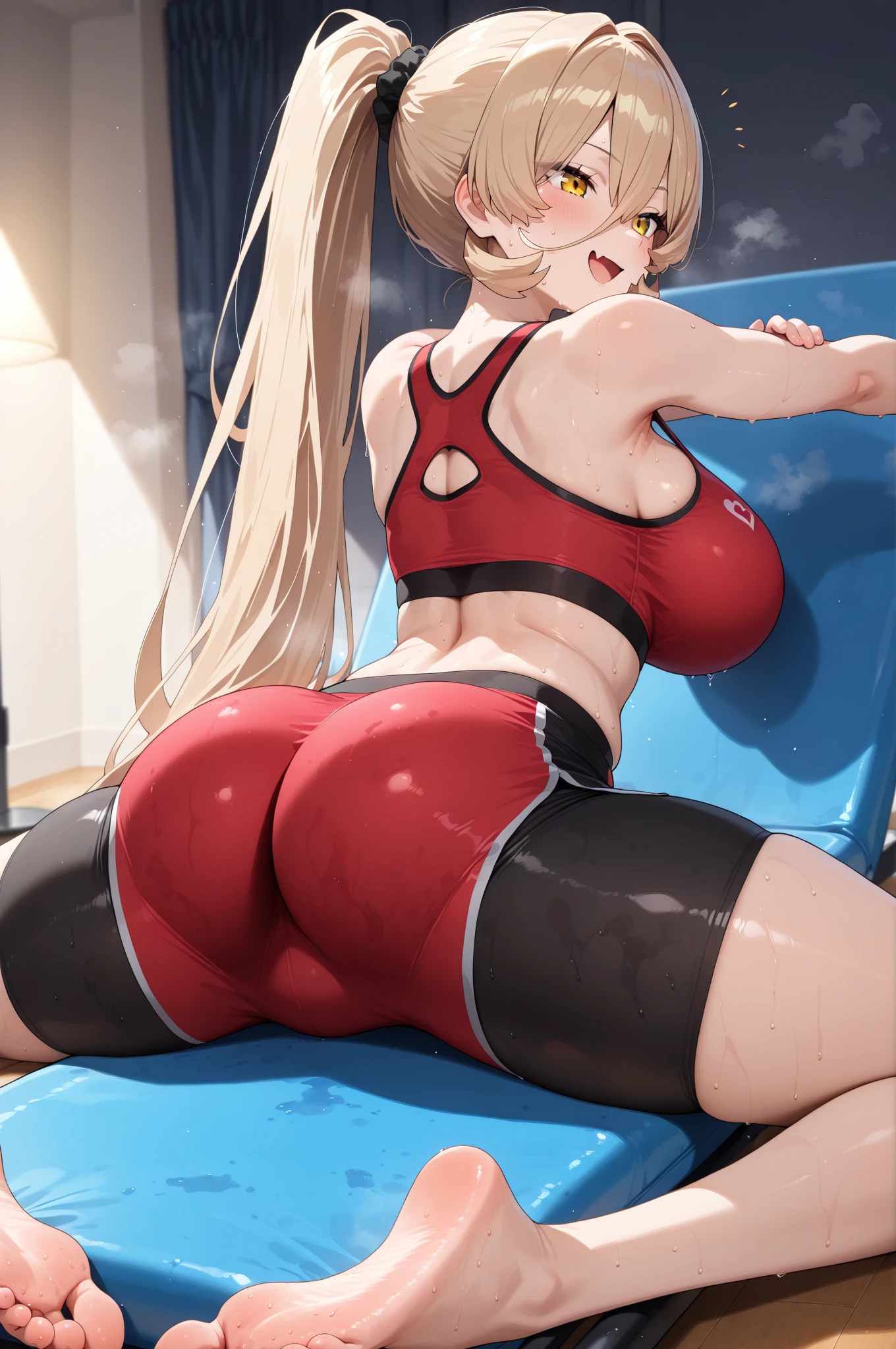 1 girls, Ogata kanna, masterpiece, best quality, high quality, beautiful, swimming pool, a girl, shy, embarrassed, sitting on the floor, legs spread, looking at viewer, long hair, ponytail, hair over one eye, blonde, blue eyes, eyes open, slant eyes, fair skin, glamorous, voluptuous, curvy, toned body, beautiful breasts, competition swimsuit, blush, with fox ears, 20-year-old, white background, cowboy shot, ground-level shot
