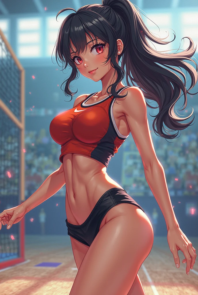 beautiful girl、Fighter、Black Hair、long hair、Big Breasts、sexy、Sexy、A gentle smile、Sports Bra、Surf bikini pants for women、Wristband、Gloves、Ring Shoes、canvaat、On the Ring、Match in the ring、indoor、Match venue、The whole body is visible、Abdominal muscleuscular、１Person-person perspective、High Kick、Sweating