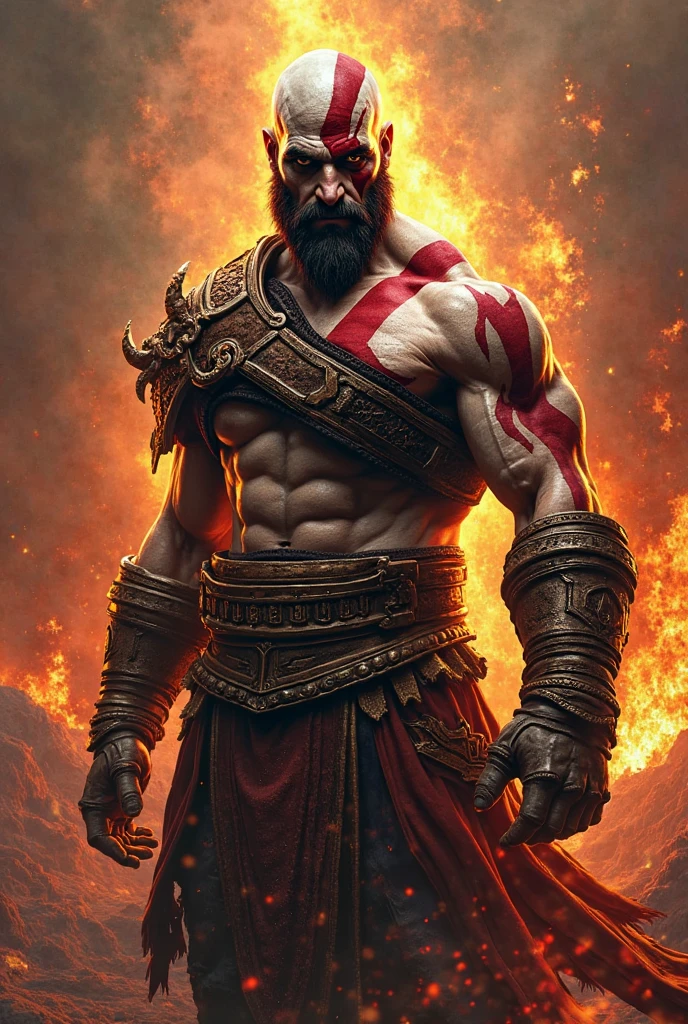 Muscular Kratos, angry, Wearing a black armor with skewers, with bright white eyes, holding chains of fire, on Olympus, Full HD, best quality