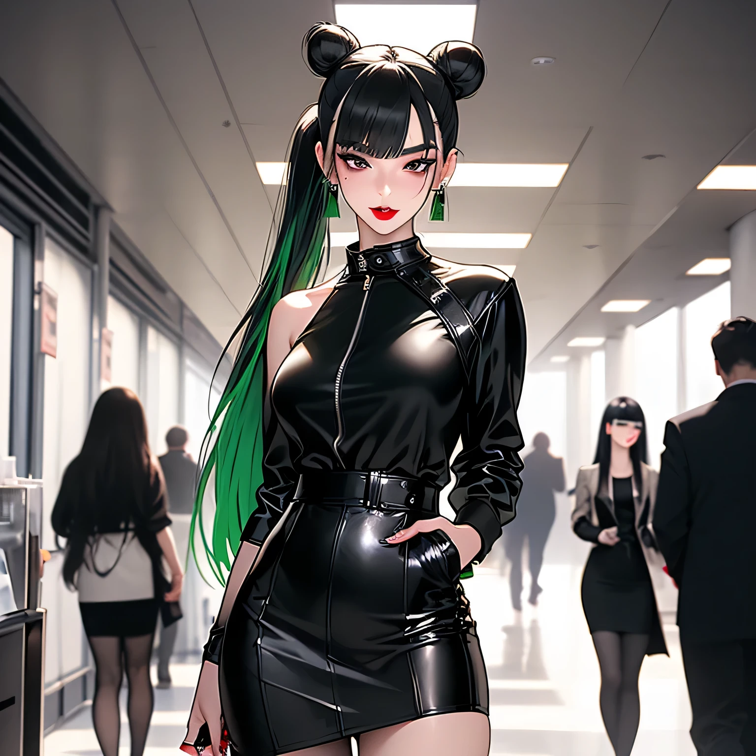 One woman, 22 years old mature alluring japanese gal, alluring face, bad girl look, cool girl, confident smile, Japanese gal, heterochromia eyes , (wearing long black leather jacket with A-line skirt, black net stockings), flat chested, (slender petite body), ((space bun hair with green extensions and full set of bangs)), (Her makeup is bold and edgy—dark eyeliner, defined lashes, and a subtle blush),winged eyeliner, pretty almond eyes, pretty, puffy beautiful big lips, heart and cupid shaped lip, beautiful skin, piel blanca, dots on her face, slender body, looking at the camera, autophoto, double eyelid, alluring face, (standing up position), straight soft and gently arched with a slight downward tail eye brows, studio quality, 8k resolution, high quality, Masterpiece, High definition, Ultra-detailed, extremely detailed CG unity 8k wallpaper, intricate details, white background